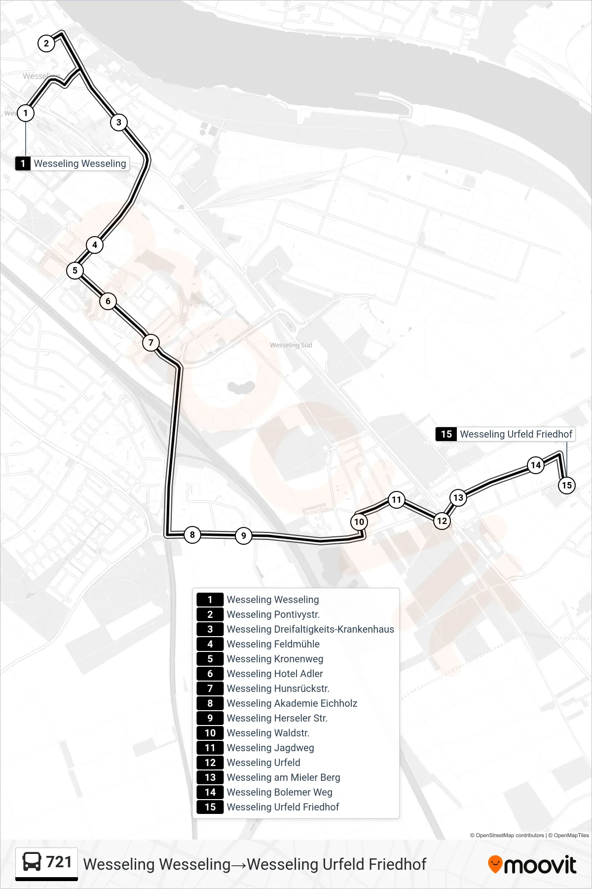Linie 721 (Bus) Richtung Wesseling Wesseling→Wesseling Urfeld Friedhof: Route und Haltestellen auf der Karte