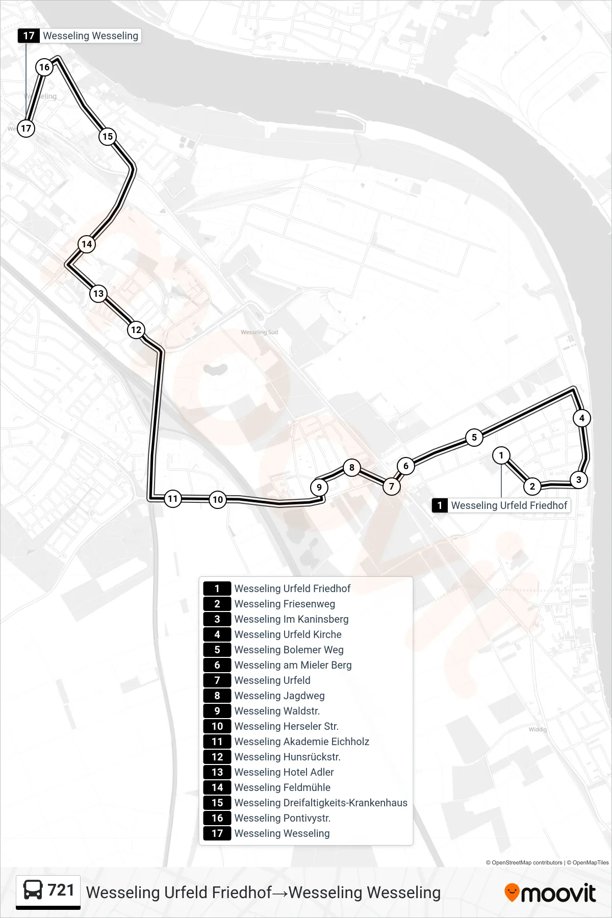 Linie 721 (Bus) Richtung Wesseling Urfeld Friedhof‎→Wesseling Wesseling: Route und Haltestellen auf der Karte