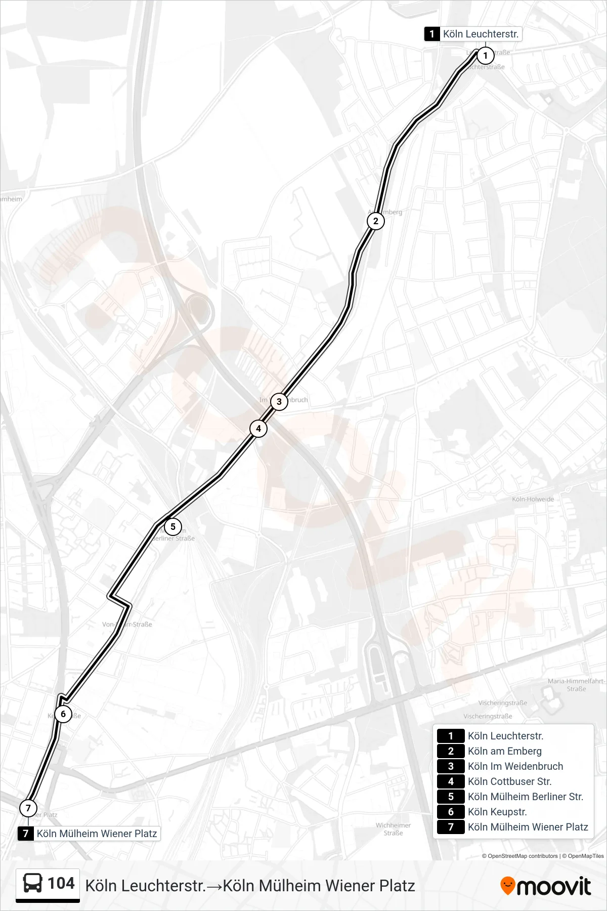 Linie 104 (Bus) Richtung Köln Leuchterstr.‎→Köln Mülheim Wiener Platz: Route und Haltestellen auf der Karte