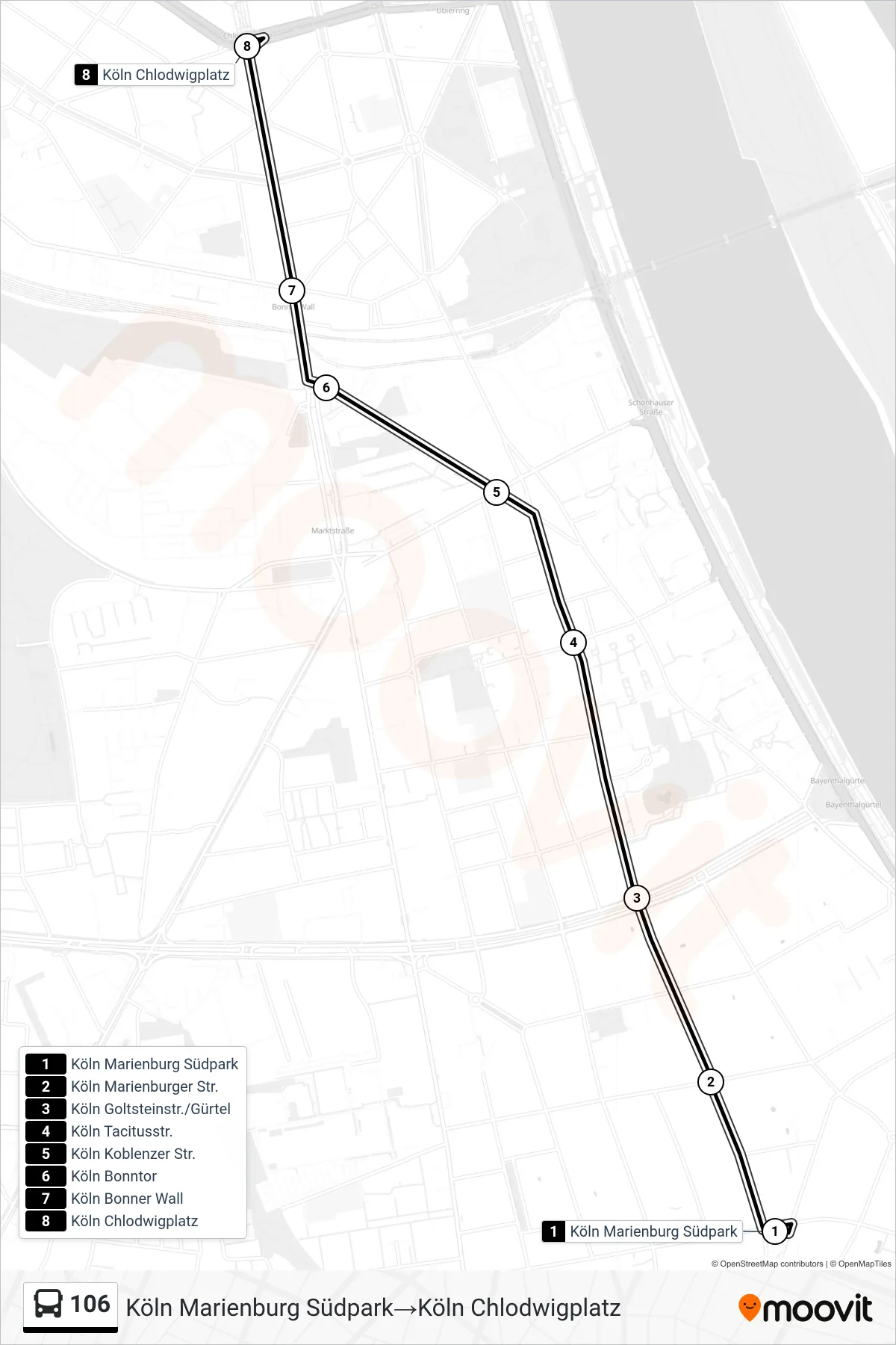 Linie 106 (Bus) Richtung Köln Marienburg Südpark‎→Köln Chlodwigplatz: Route und Haltestellen auf der Karte