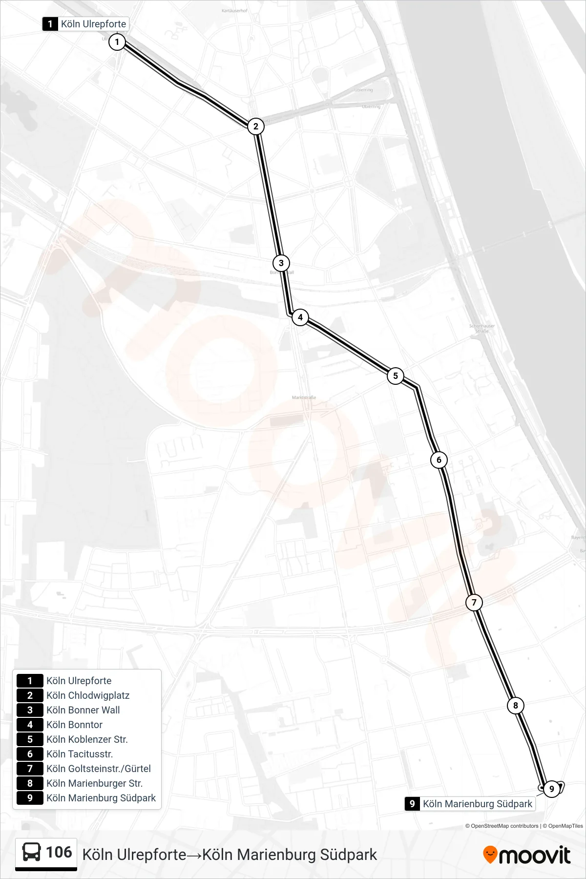 Linie 106 (Bus) Richtung Köln Ulrepforte→Köln Marienburg Südpark: Route und Haltestellen auf der Karte