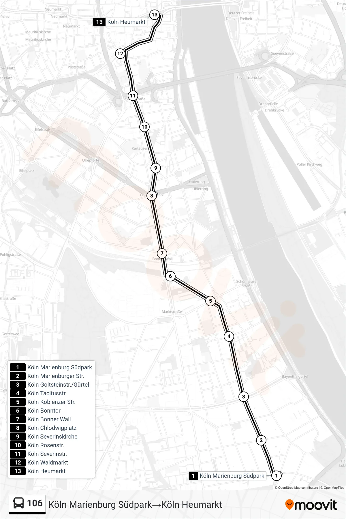 Linie 106 (Bus) Richtung Köln Marienburg Südpark→Köln Heumarkt: Route und Haltestellen auf der Karte