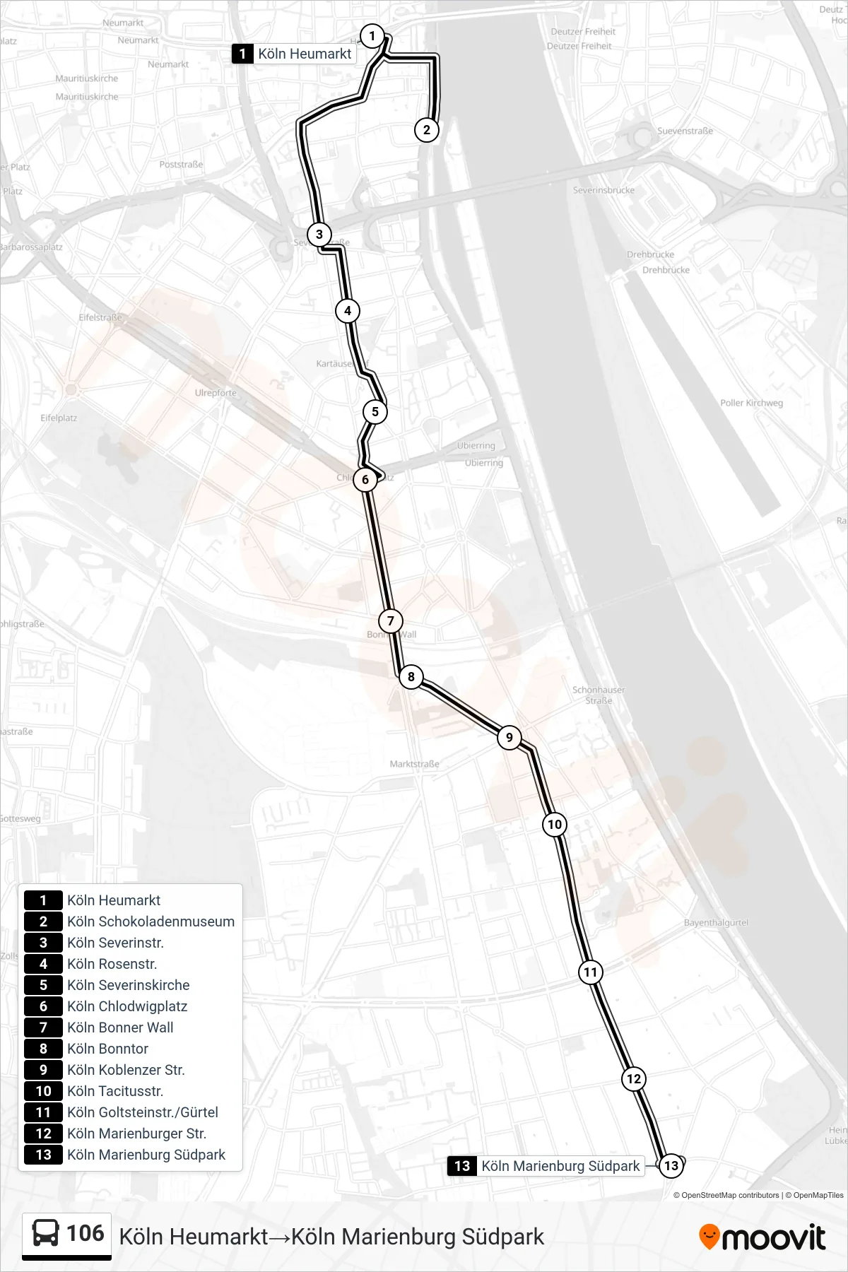 Linie 106 (Bus) Richtung Köln Heumarkt‎→Köln Marienburg Südpark: Route und Haltestellen auf der Karte