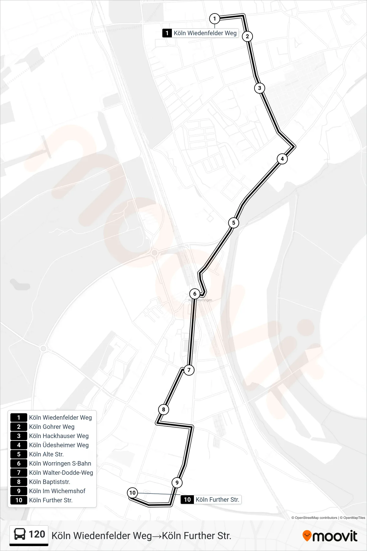 120 bus Line (Köln Wiedenfelder Weg‎→Köln Further Str.) route and stops on a map