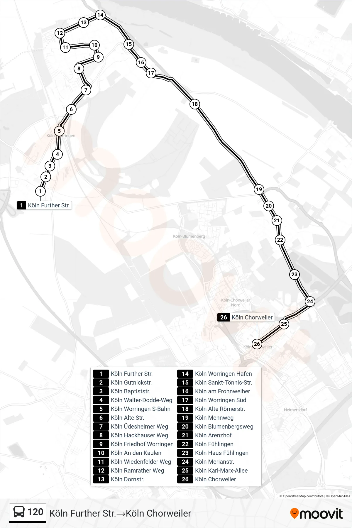 120 bus Line (Köln Further Str.‎→Köln Chorweiler) route and stops on a map