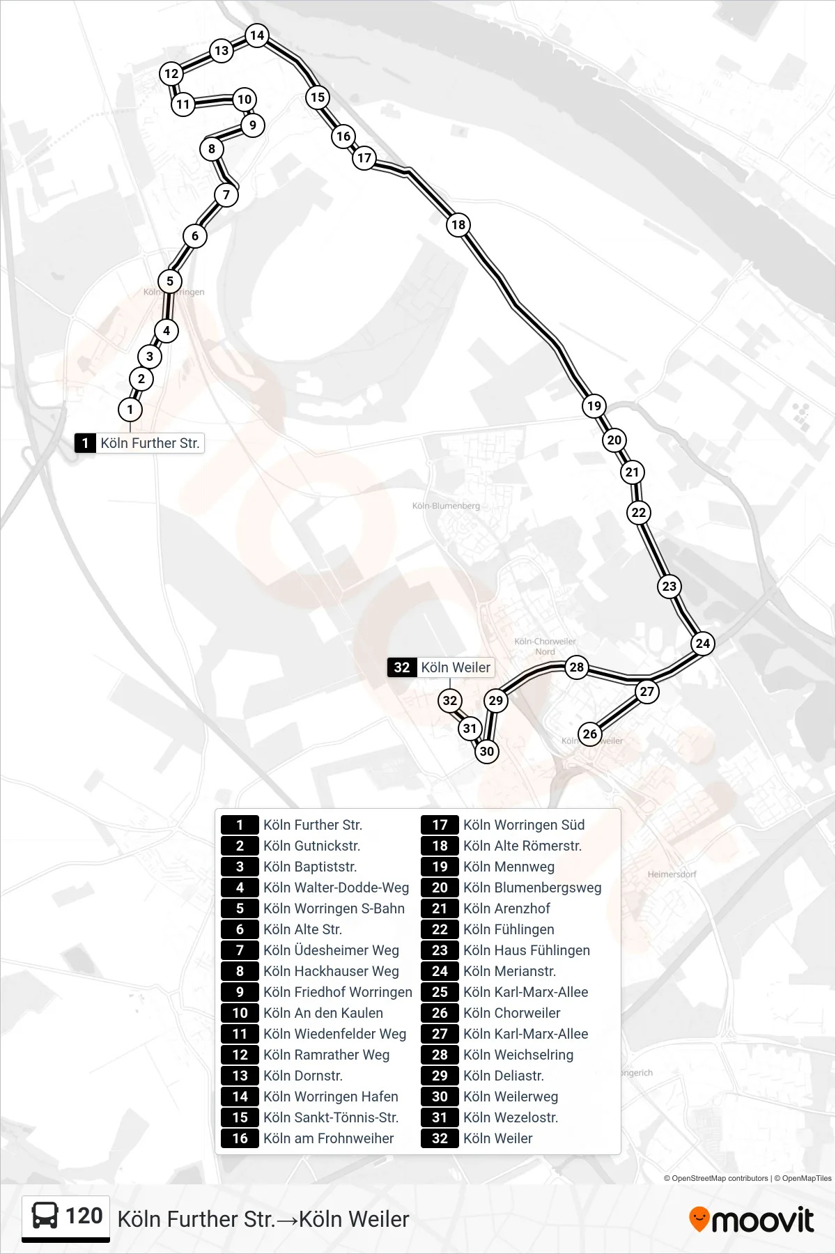 120 bus Line (Köln Further Str.‎→Köln Weiler) route and stops on a map
