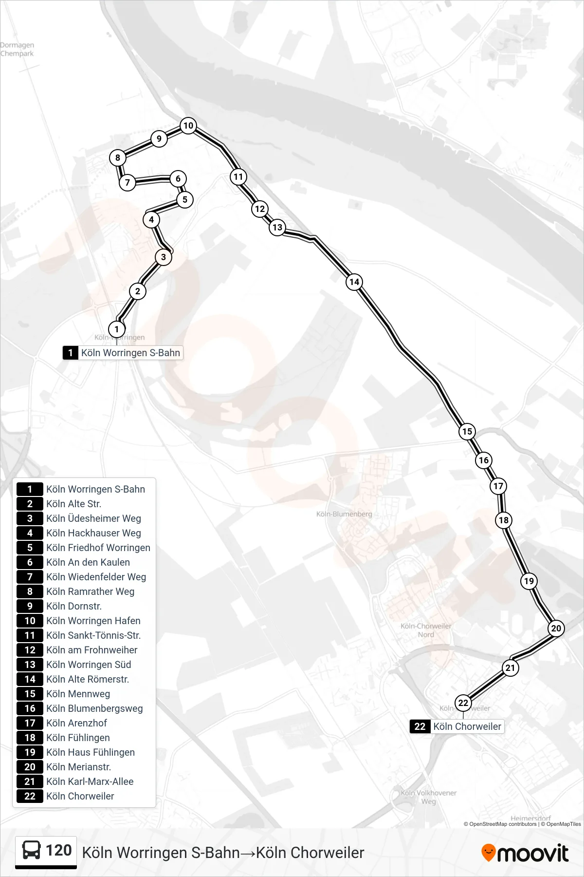 120 bus Line (Köln Worringen S-Bahn→Köln Chorweiler) route and stops on a map