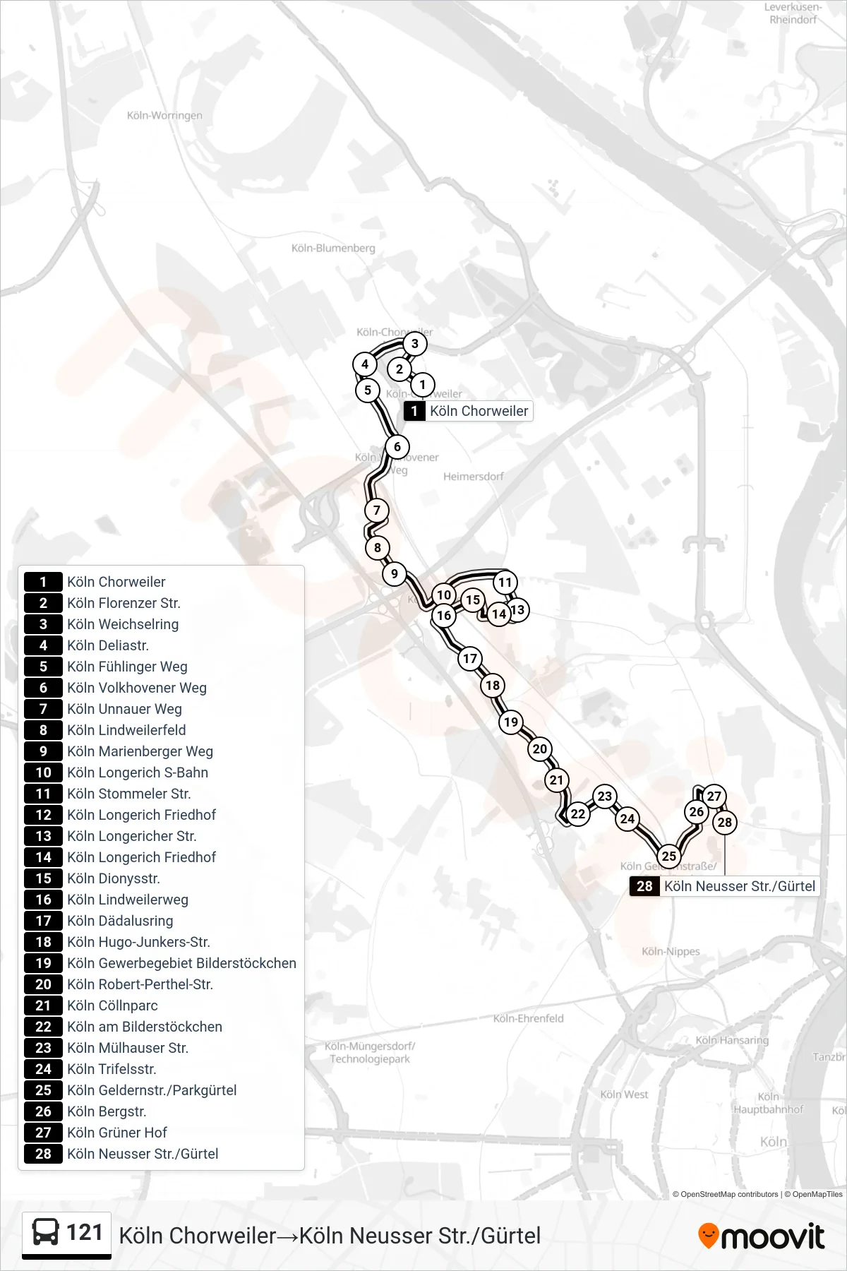 Linie 121 (Bus) Richtung Köln Chorweiler‎→Köln Neusser Str./Gürtel: Route und Haltestellen auf der Karte