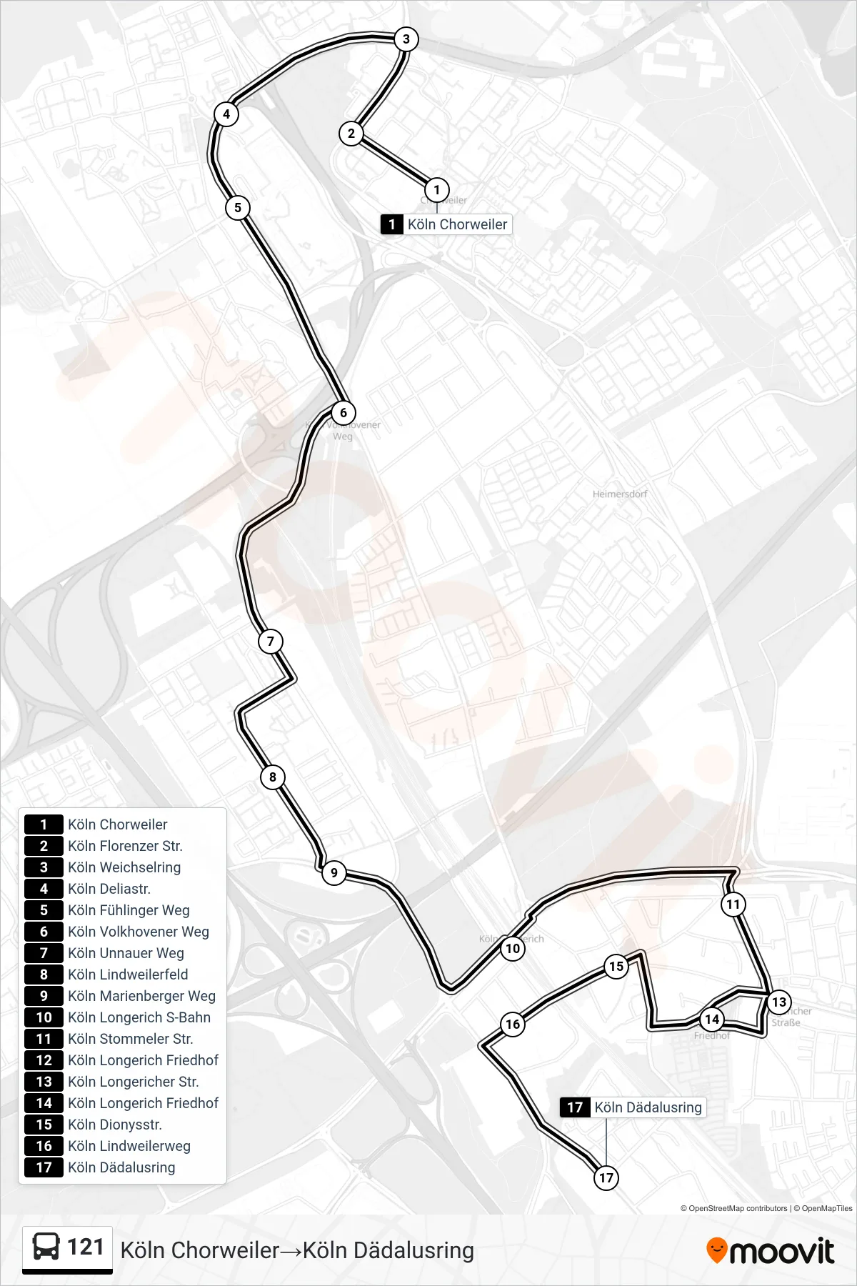 Linie 121 (Bus) Richtung Köln Chorweiler‎→Köln Dädalusring: Route und Haltestellen auf der Karte