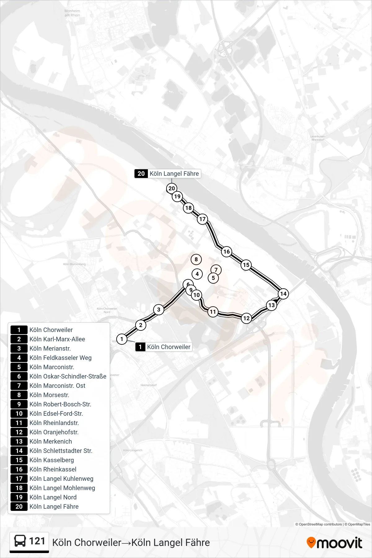 Linie 121 (Bus) Richtung Köln Chorweiler‎→Köln Langel Fähre: Route und Haltestellen auf der Karte