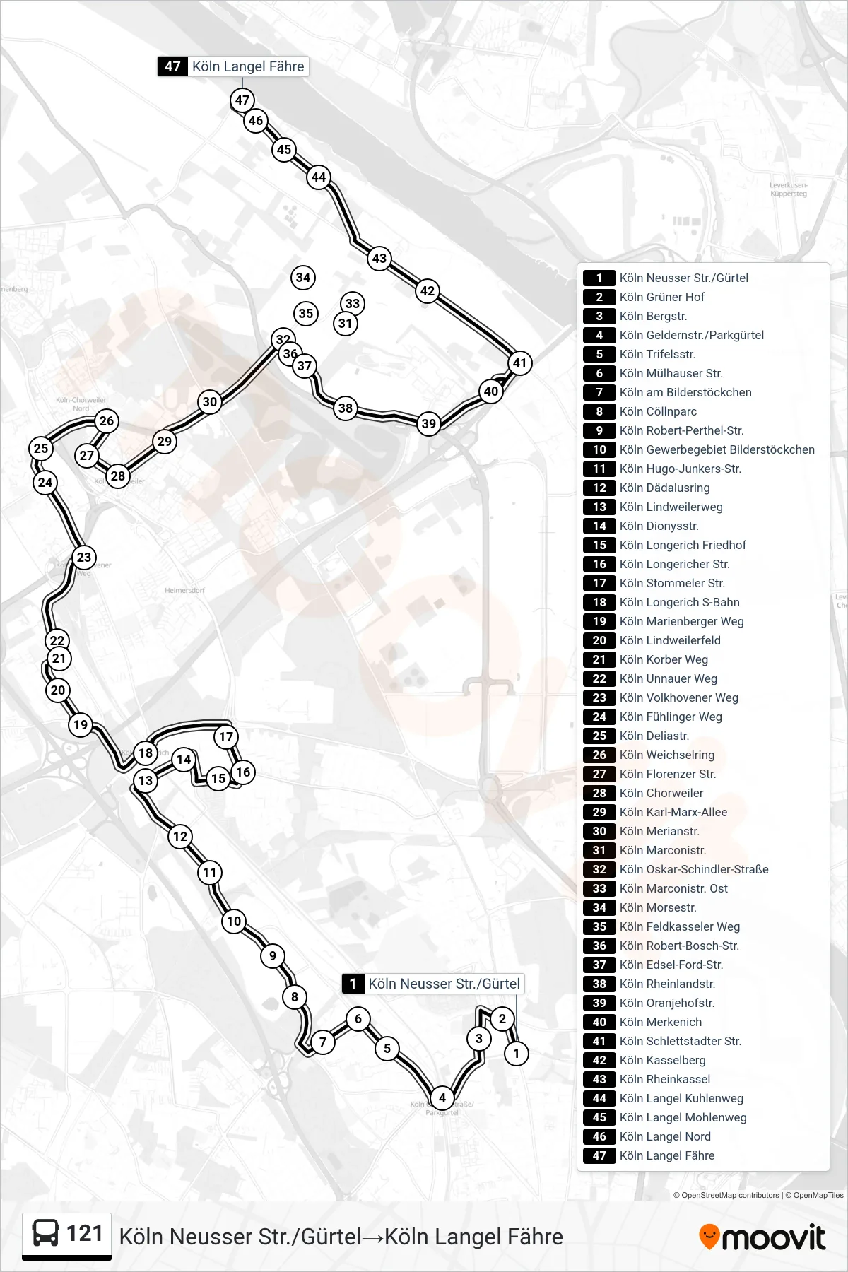 Linie 121 (Bus) Richtung Köln Neusser Str./Gürtel→Köln Langel Fähre: Route und Haltestellen auf der Karte