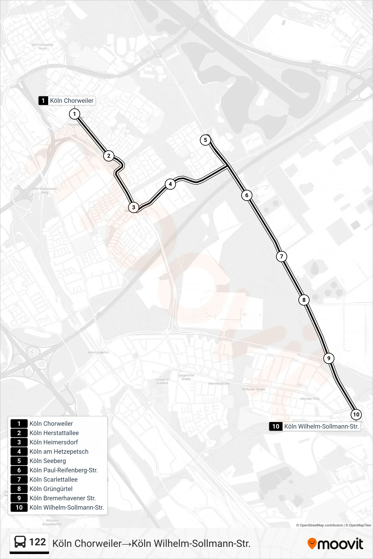 Linie 122 (Bus) Richtung Köln Chorweiler‎→Köln Wilhelm-Sollmann-Str.: Route und Haltestellen auf der Karte