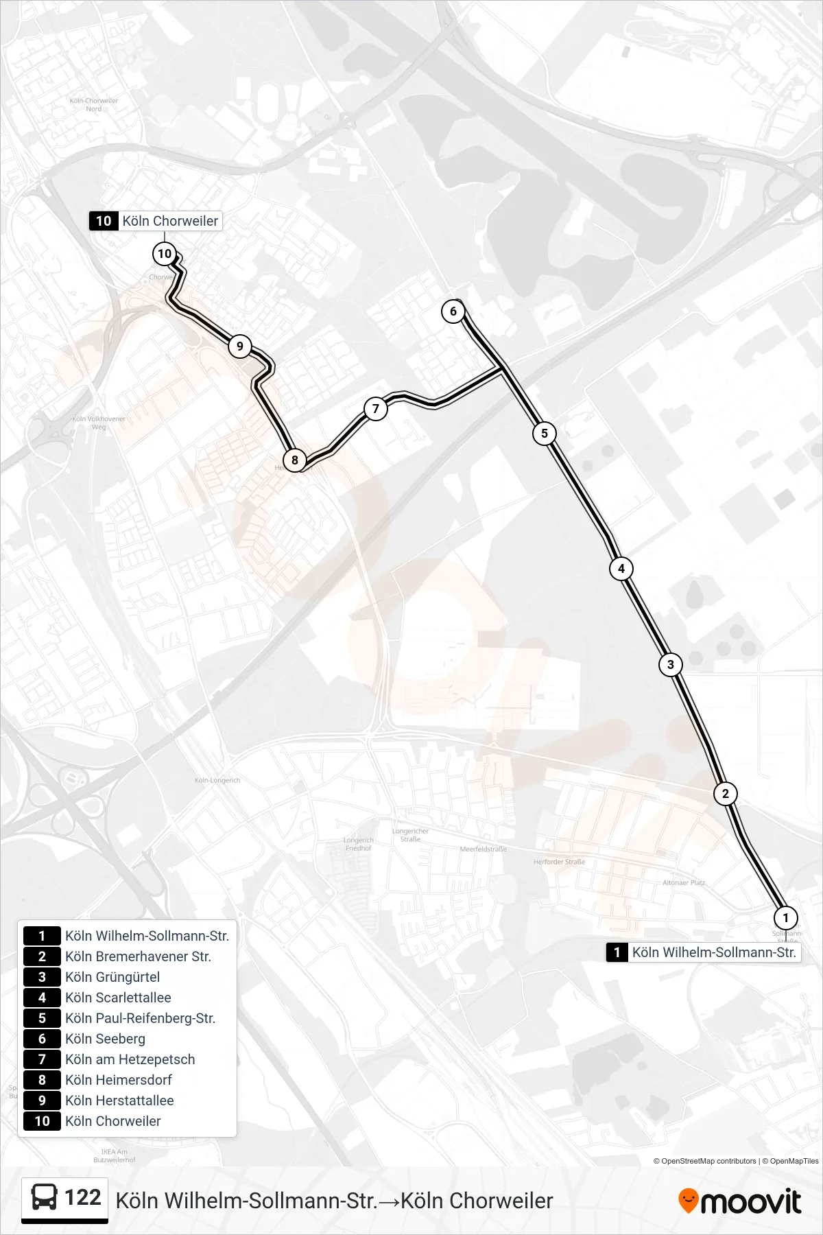 Linie 122 (Bus) Richtung Köln Wilhelm-Sollmann-Str.→Köln Chorweiler: Route und Haltestellen auf der Karte