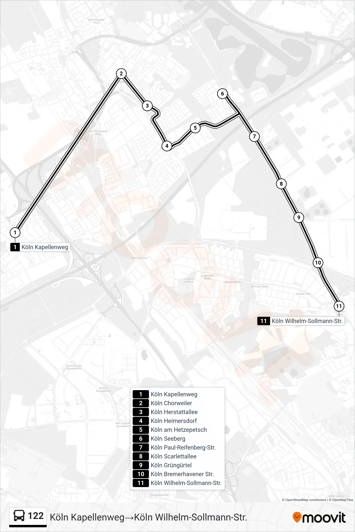 Linie 122 (Bus) Richtung Köln Kapellenweg‎→Köln Wilhelm-Sollmann-Str.: Route und Haltestellen auf der Karte