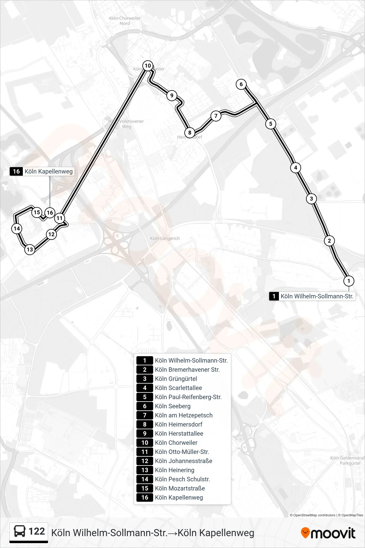 Linie 122 (Bus) Richtung Köln Wilhelm-Sollmann-Str.→Köln Kapellenweg: Route und Haltestellen auf der Karte
