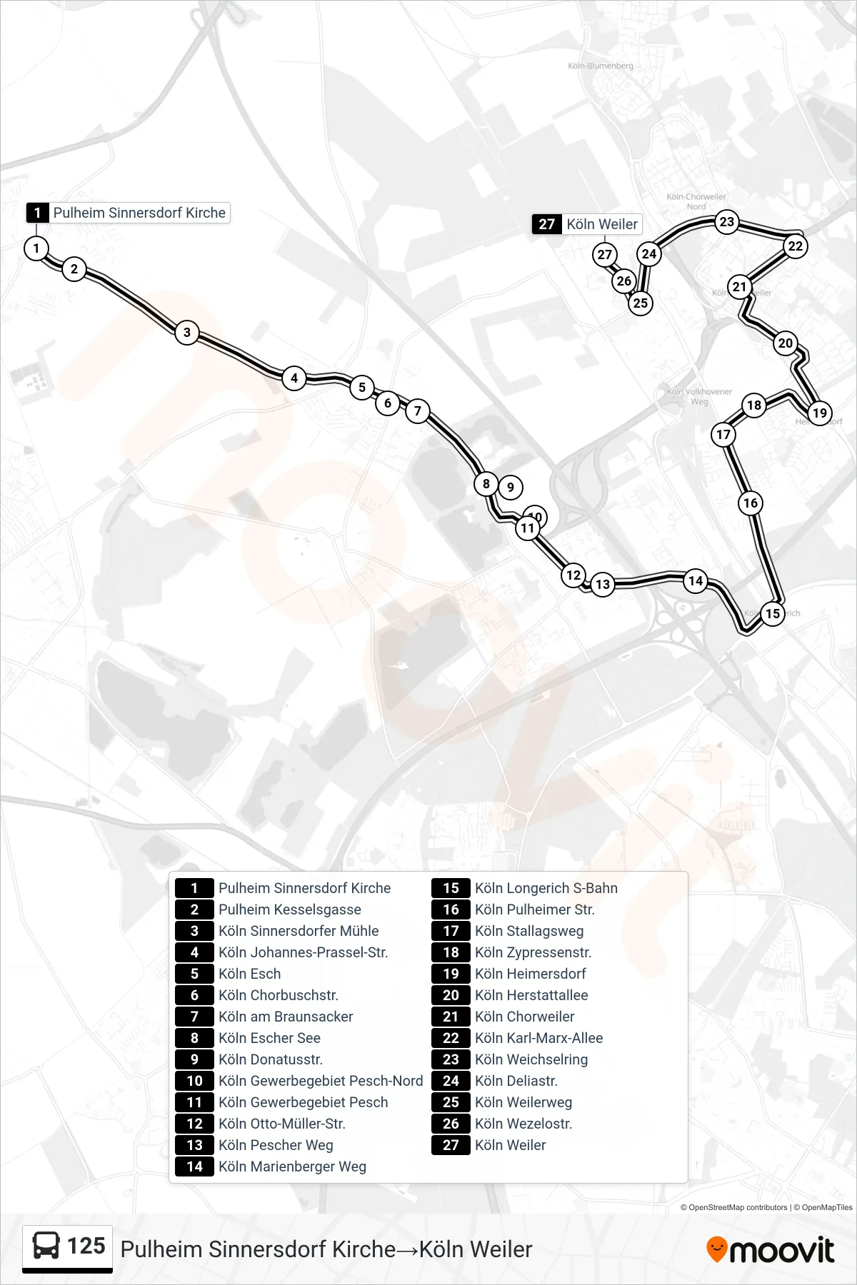 Linie 125 (Bus) Richtung Pulheim Sinnersdorf Kirche‎→Köln Weiler: Route und Haltestellen auf der Karte