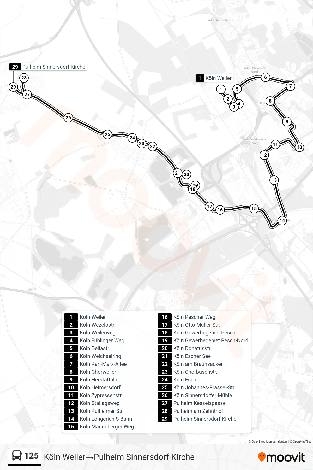 Linie 125 (Bus) Richtung Köln Weiler‎→Pulheim Sinnersdorf Kirche: Route und Haltestellen auf der Karte
