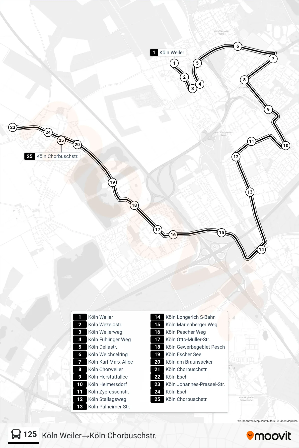 Linie 125 (Bus) Richtung Köln Weiler‎→Köln Chorbuschstr.: Route und Haltestellen auf der Karte