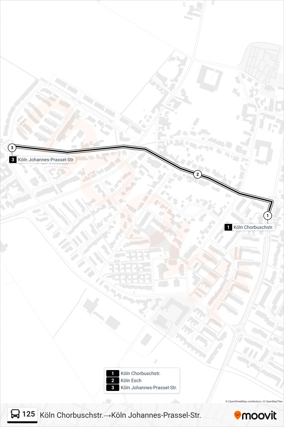 Linie 125 (Bus) Richtung Köln Chorbuschstr.→Köln Johannes-Prassel-Str.: Route und Haltestellen auf der Karte