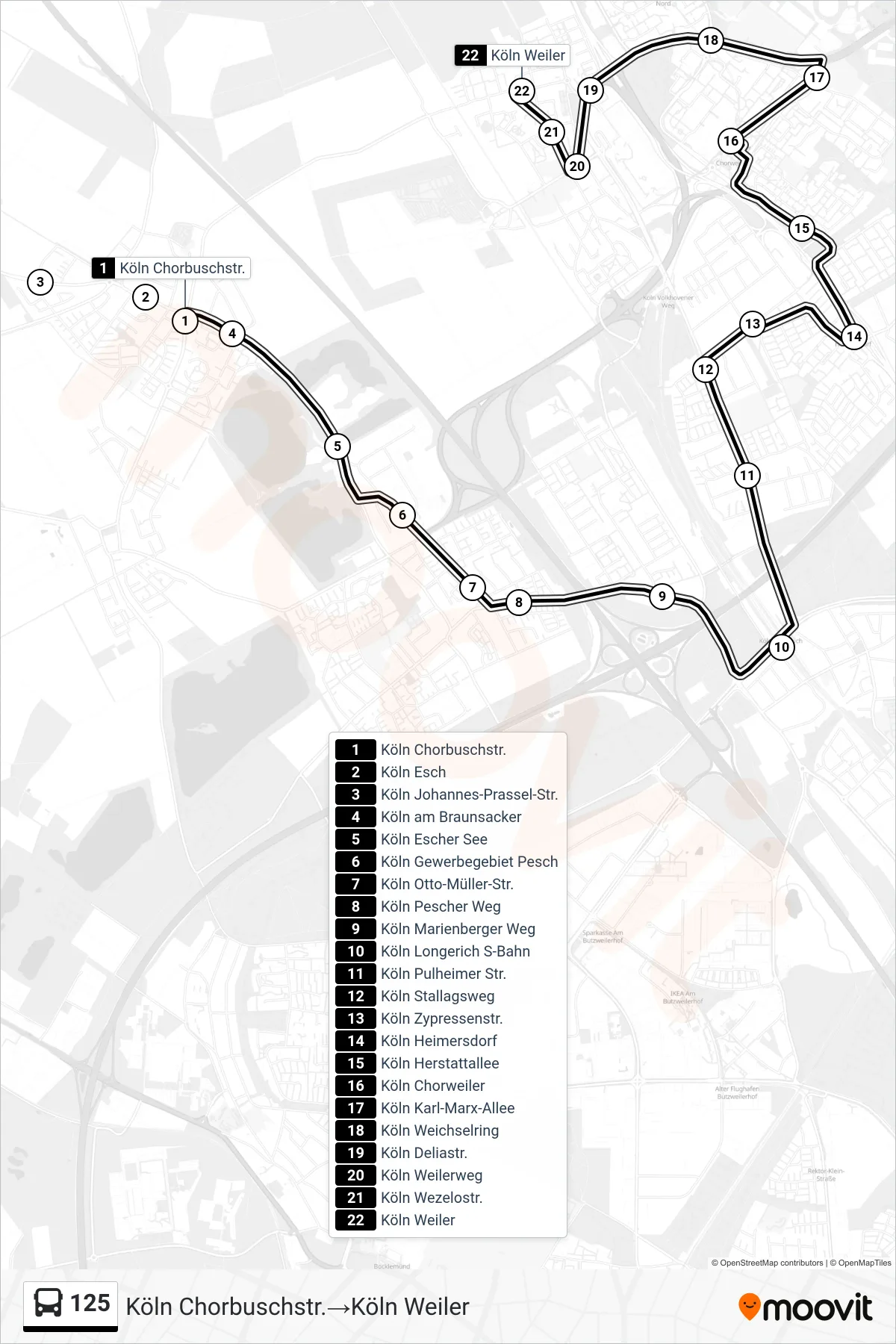 Linie 125 (Bus) Richtung Köln Chorbuschstr.→Köln Weiler: Route und Haltestellen auf der Karte
