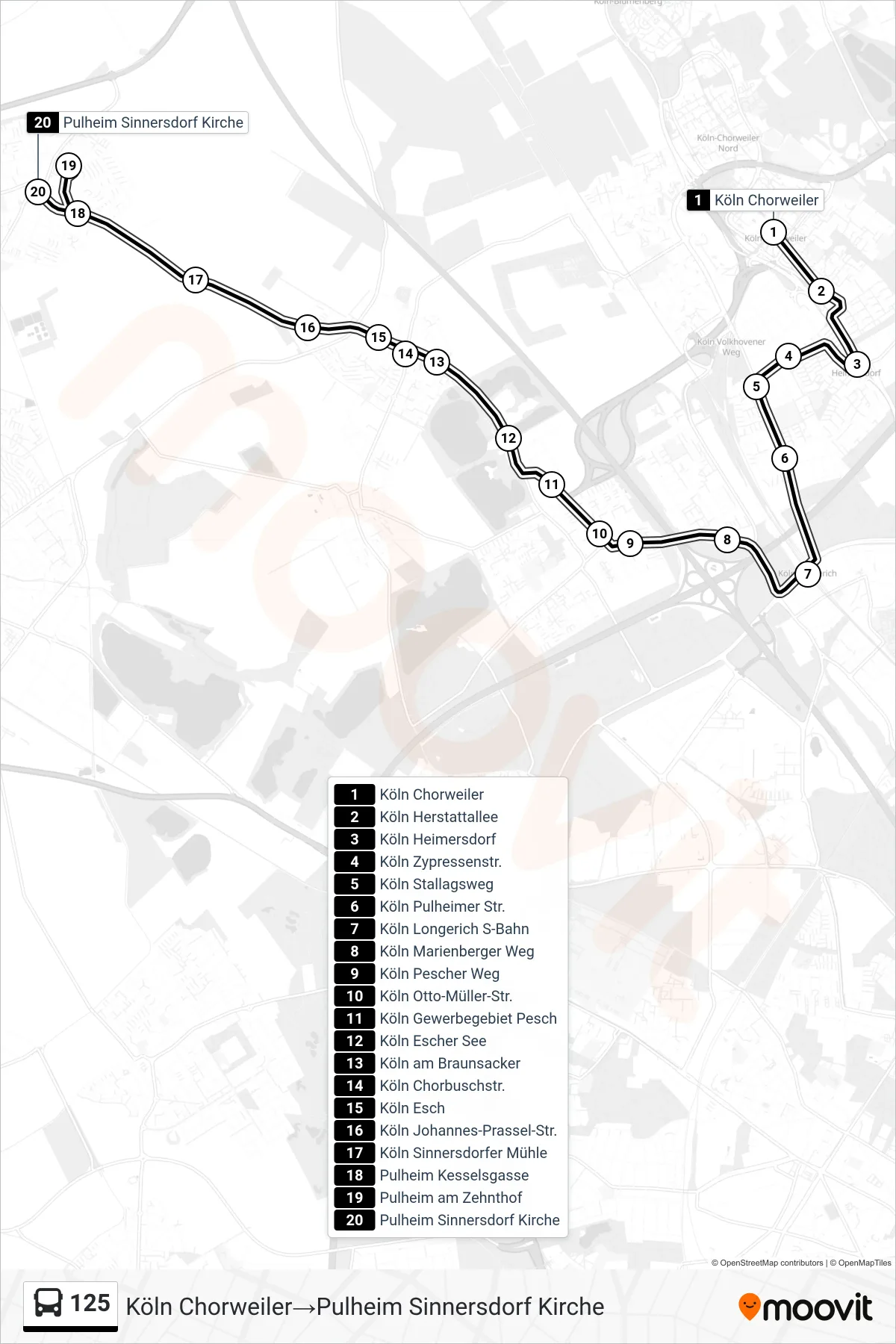 125 bus Line (Köln Chorweiler→Pulheim Sinnersdorf Kirche) route and stops on a map