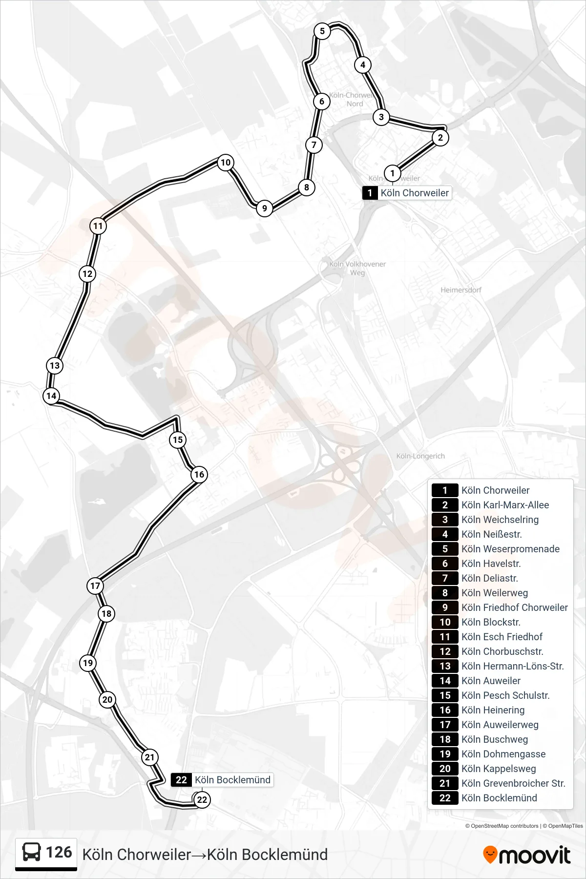 126 bus Line (Köln Chorweiler→Köln Bocklemünd) route and stops on a map