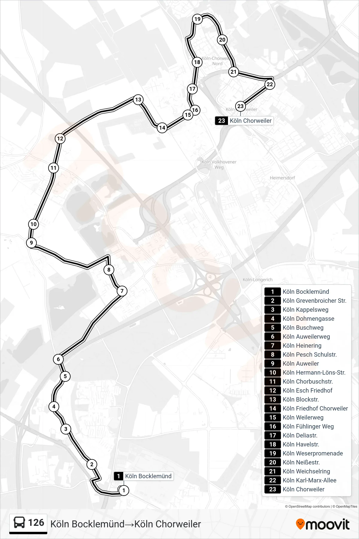 Linie 126 (Bus) Richtung Köln Bocklemünd→Köln Chorweiler: Route und Haltestellen auf der Karte
