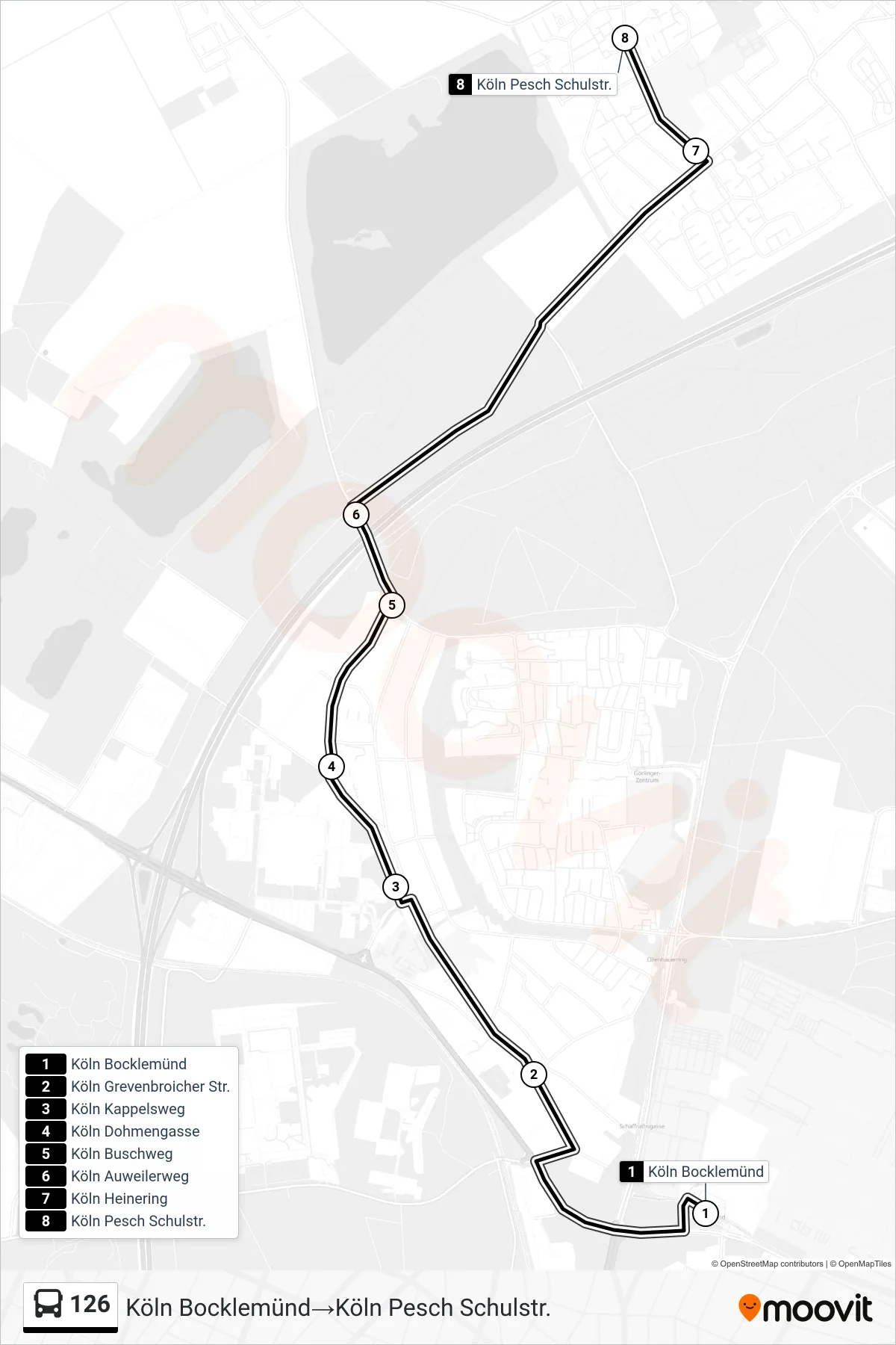 Linie 126 (Bus) Richtung Köln Bocklemünd→Köln Pesch Schulstr.: Route und Haltestellen auf der Karte