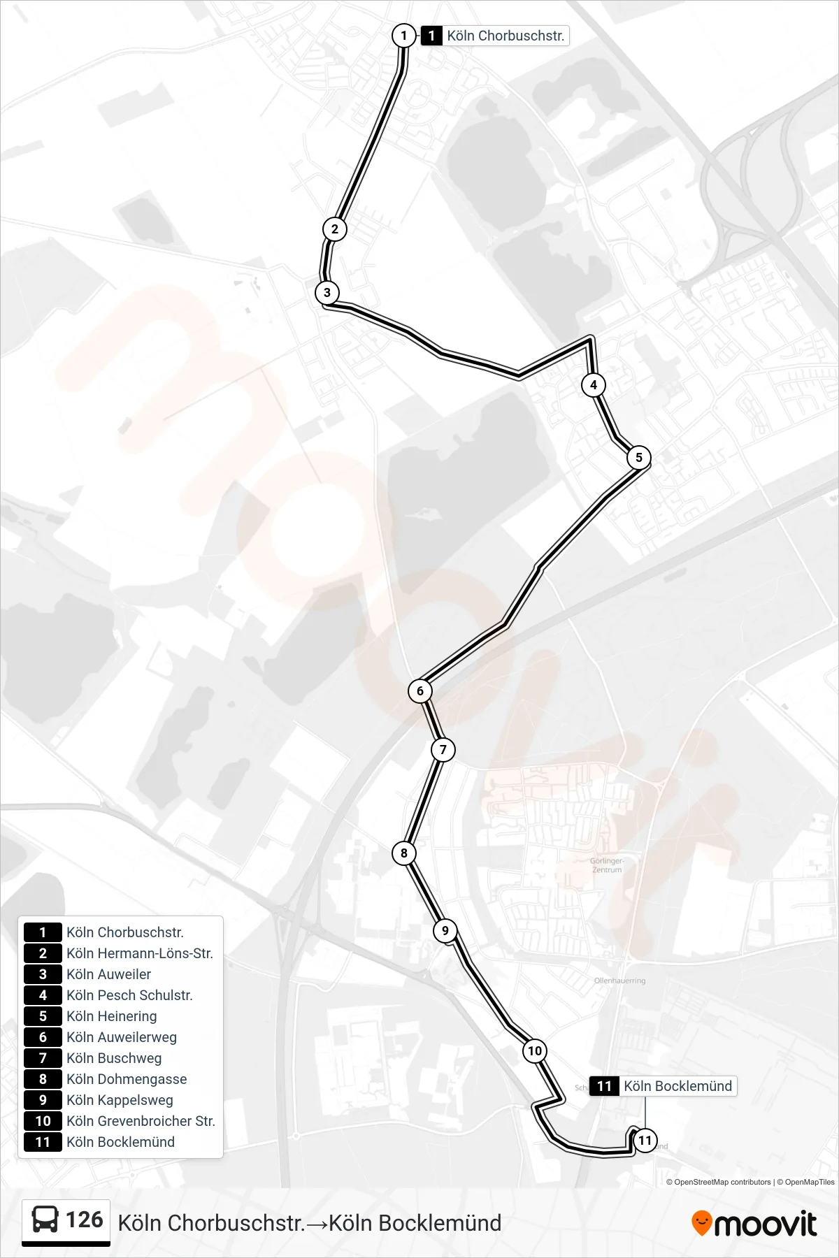 Linie 126 (Bus) Richtung Köln Chorbuschstr.‎→Köln Bocklemünd: Route und Haltestellen auf der Karte