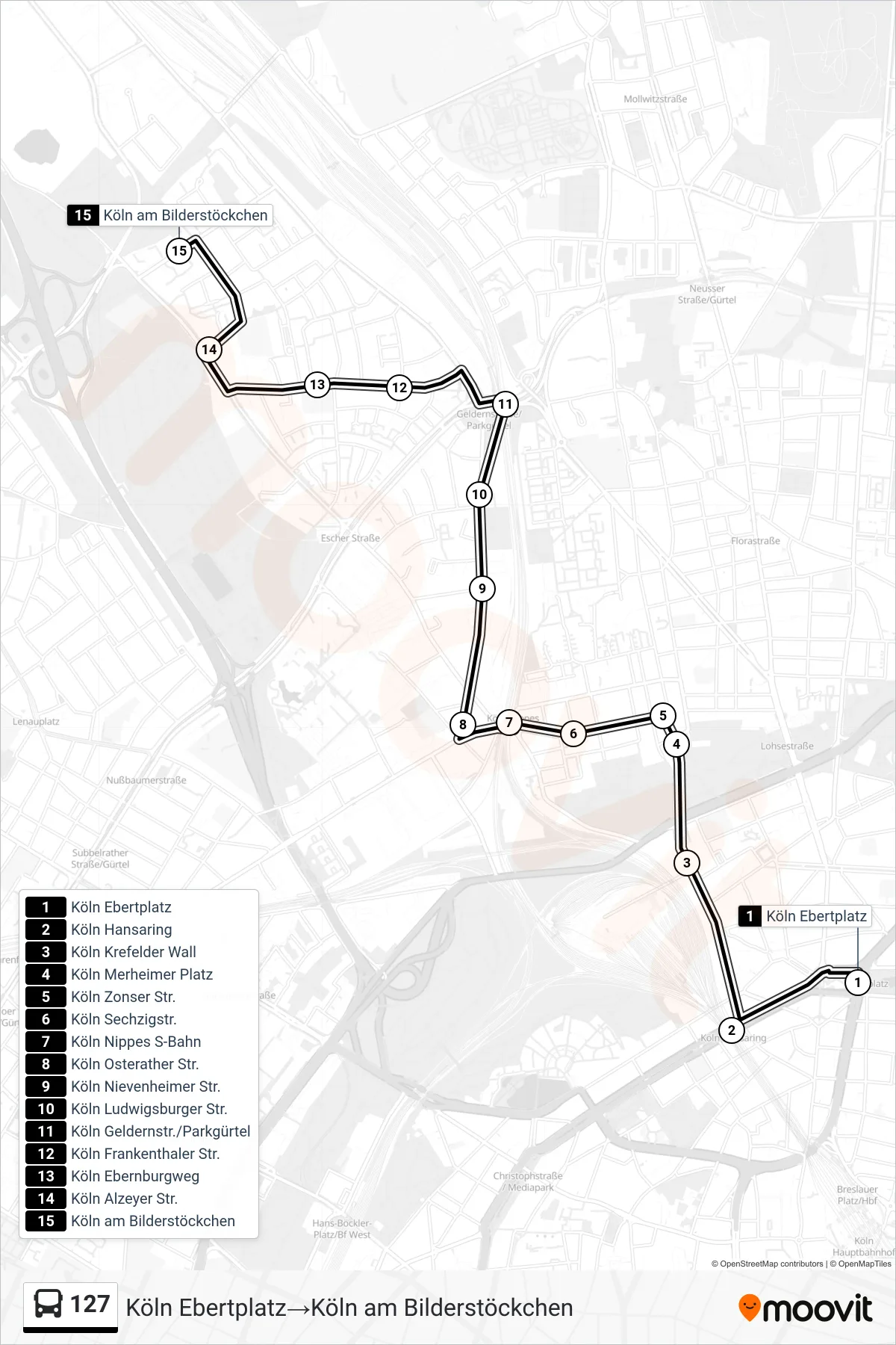 Linie 127 (Bus) Richtung Köln Ebertplatz‎→Köln am Bilderstöckchen: Route und Haltestellen auf der Karte