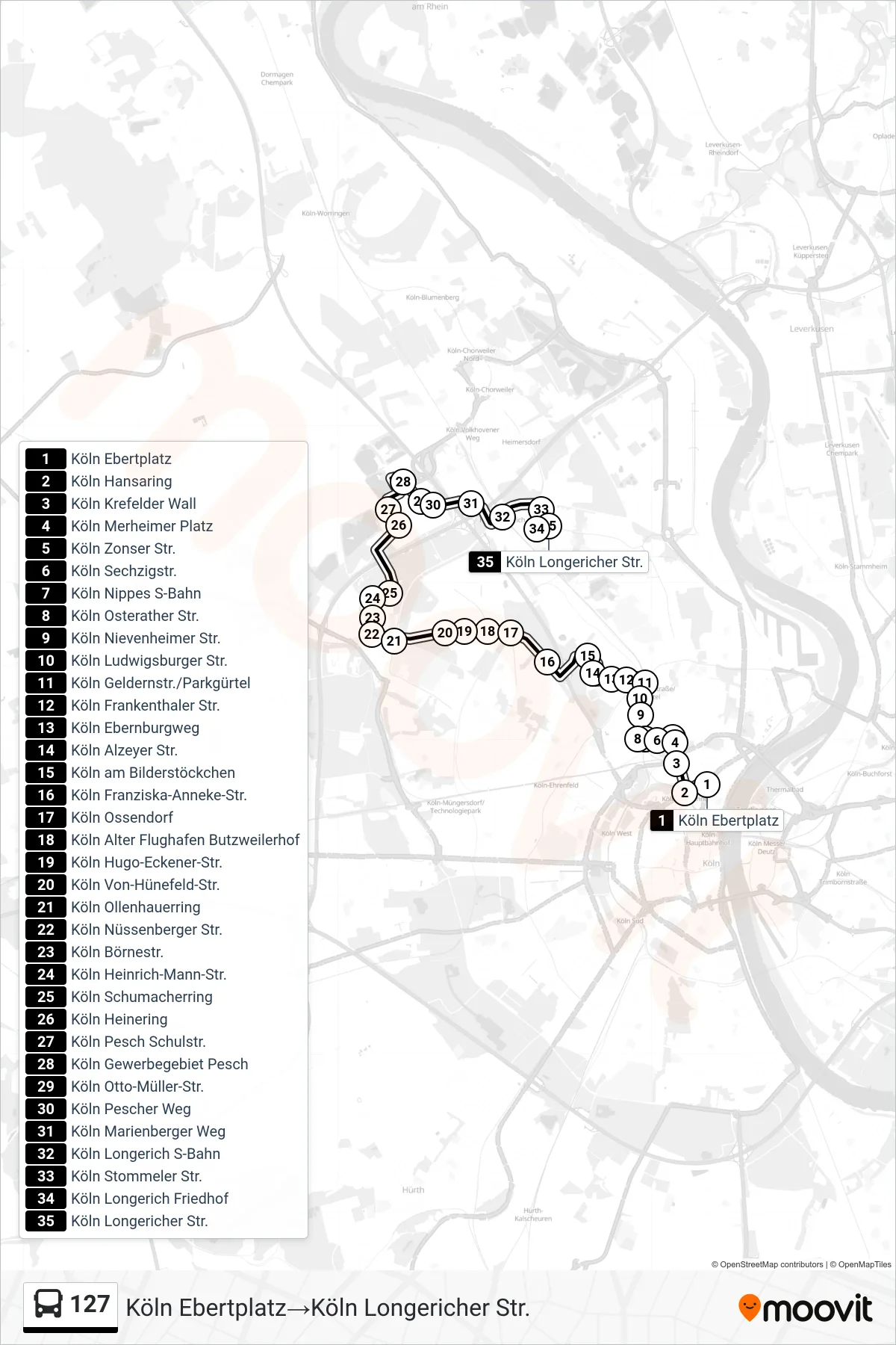 Linie 127 (Bus) Richtung Köln Ebertplatz→Köln Longericher Str.: Route und Haltestellen auf der Karte