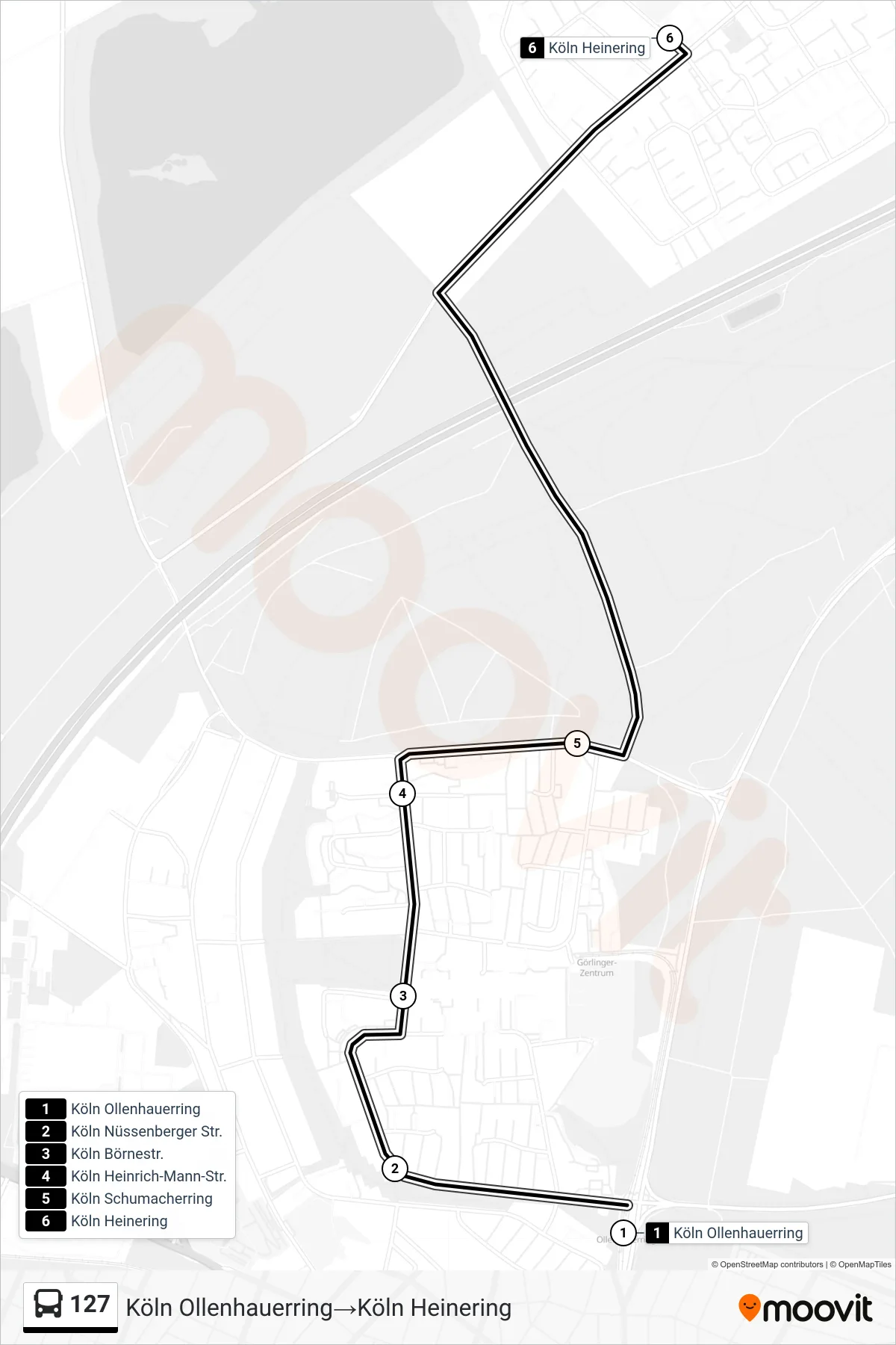 Linie 127 (Bus) Richtung Köln Ollenhauerring→Köln Heinering: Route und Haltestellen auf der Karte