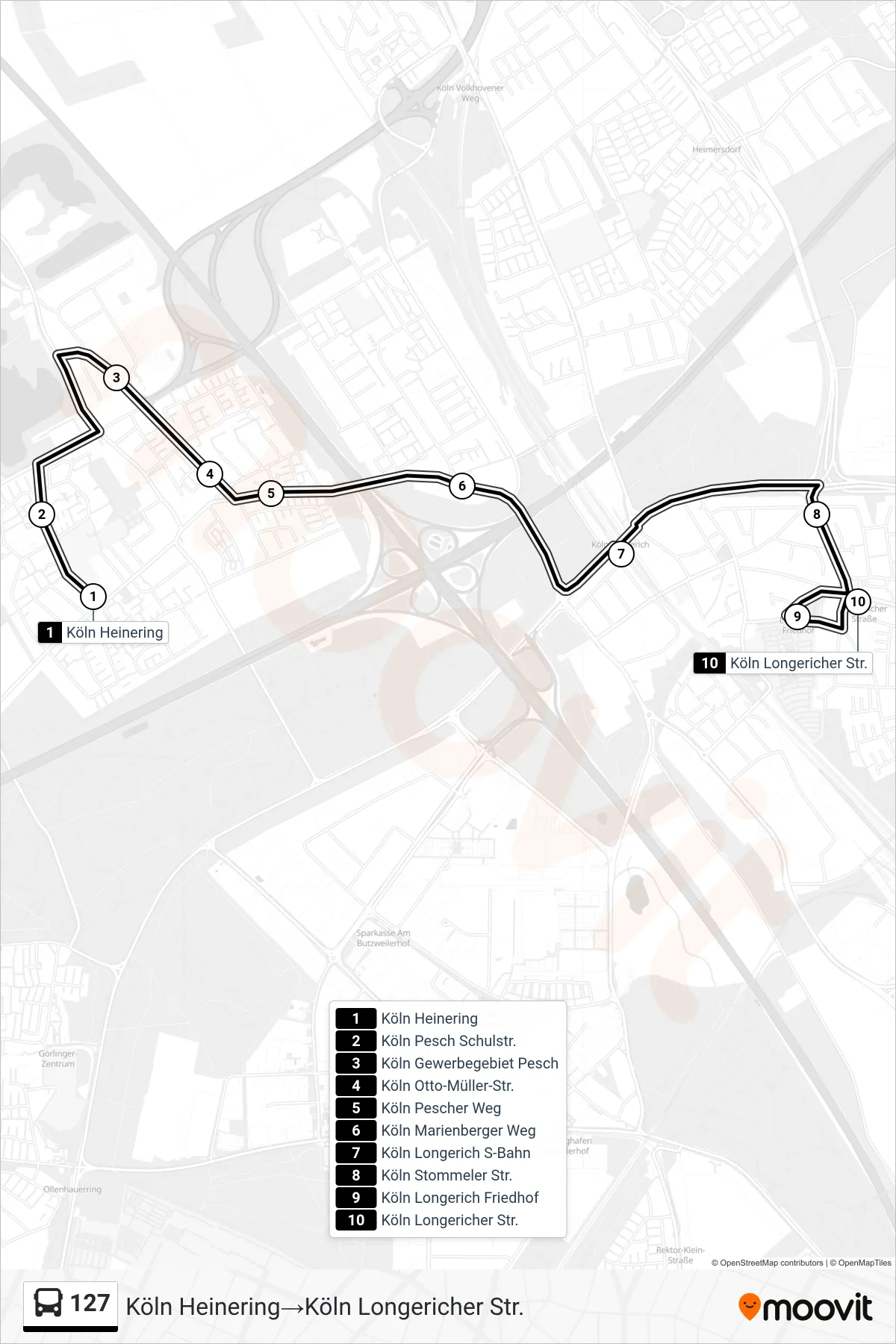 Linie 127 (Bus) Richtung Köln Heinering→Köln Longericher Str.: Route und Haltestellen auf der Karte