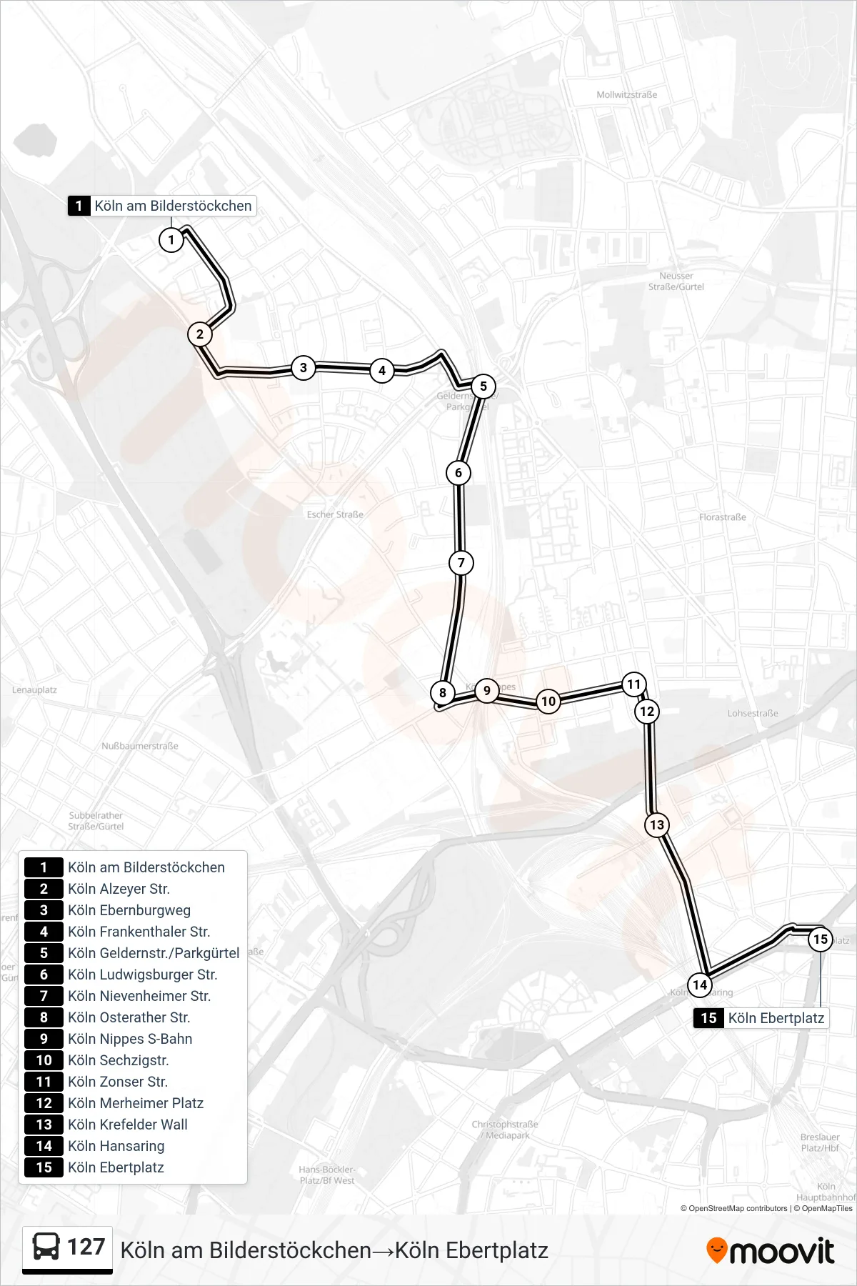 Linie 127 (Bus) Richtung Köln am Bilderstöckchen‎→Köln Ebertplatz: Route und Haltestellen auf der Karte