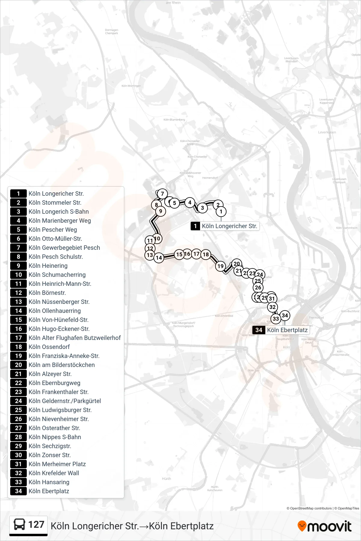 127 bus Line (Köln Longericher Str.‎→Köln Ebertplatz) route and stops on a map