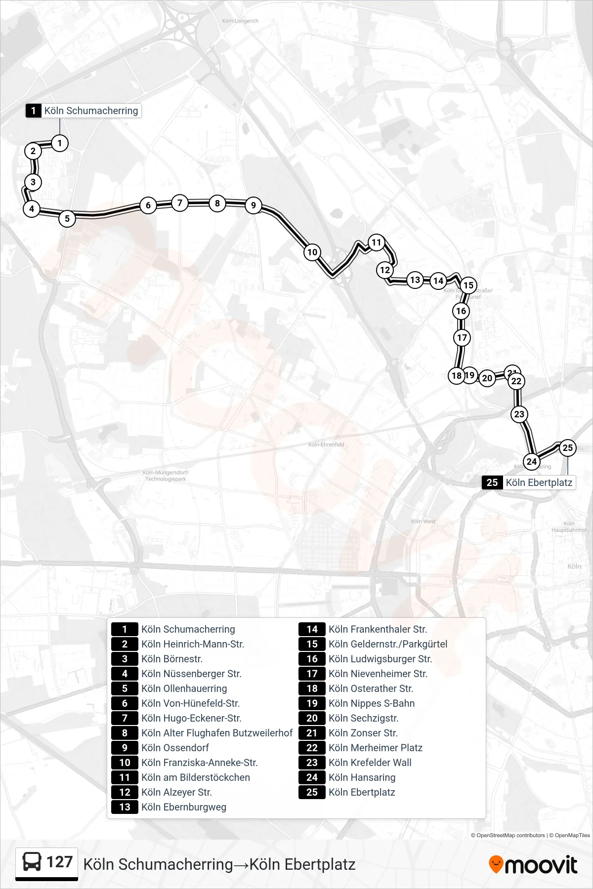 Linie 127 (Bus) Richtung Köln Schumacherring‎→Köln Ebertplatz: Route und Haltestellen auf der Karte
