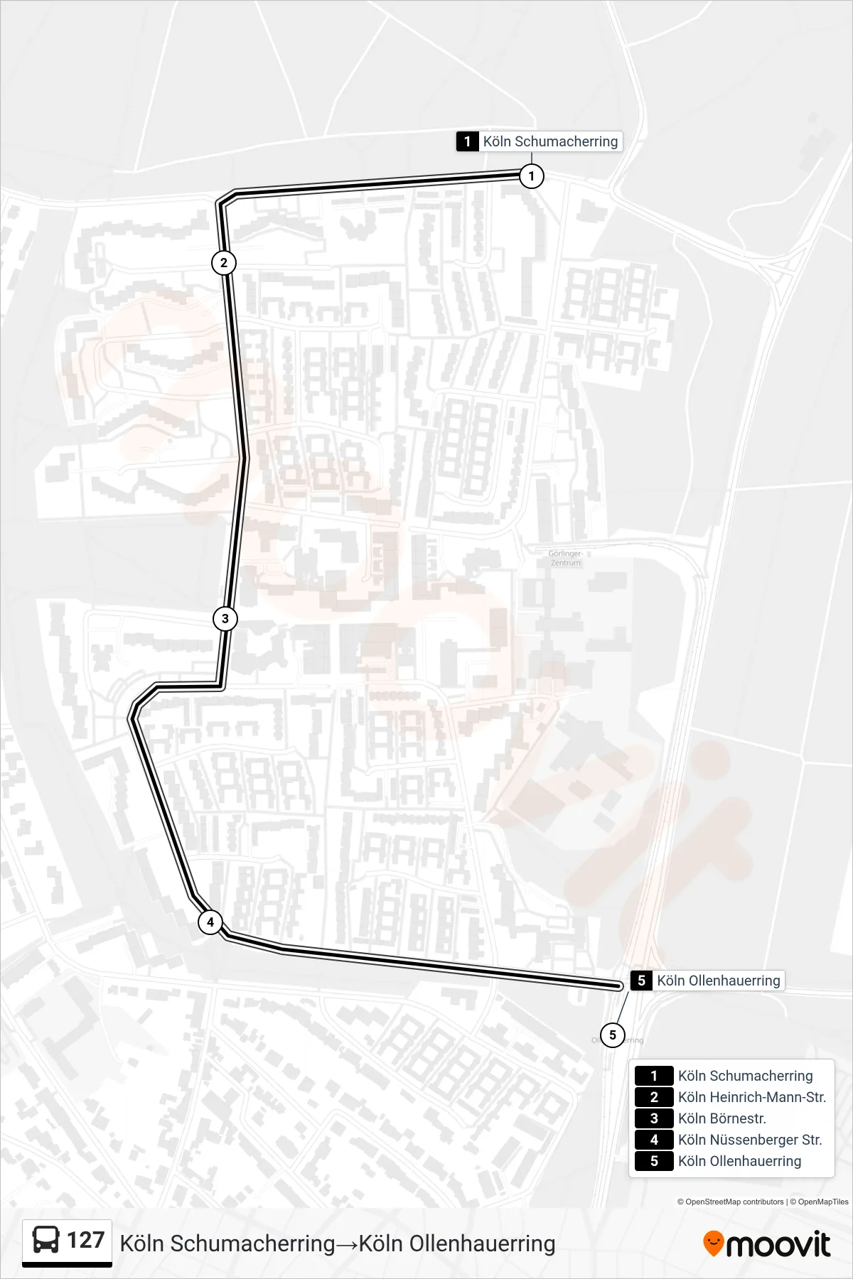 Linie 127 (Bus) Richtung Köln Schumacherring‎→Köln Ollenhauerring: Route und Haltestellen auf der Karte