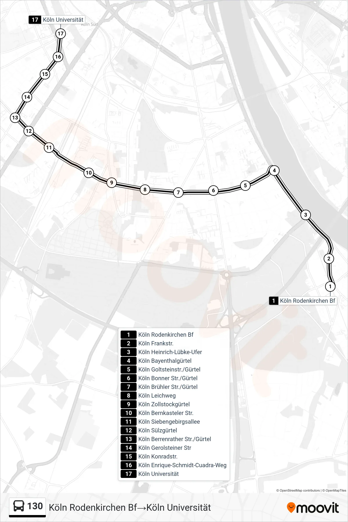 Linie 130 (Bus) Richtung Köln Rodenkirchen Bf→Köln Universität: Route und Haltestellen auf der Karte