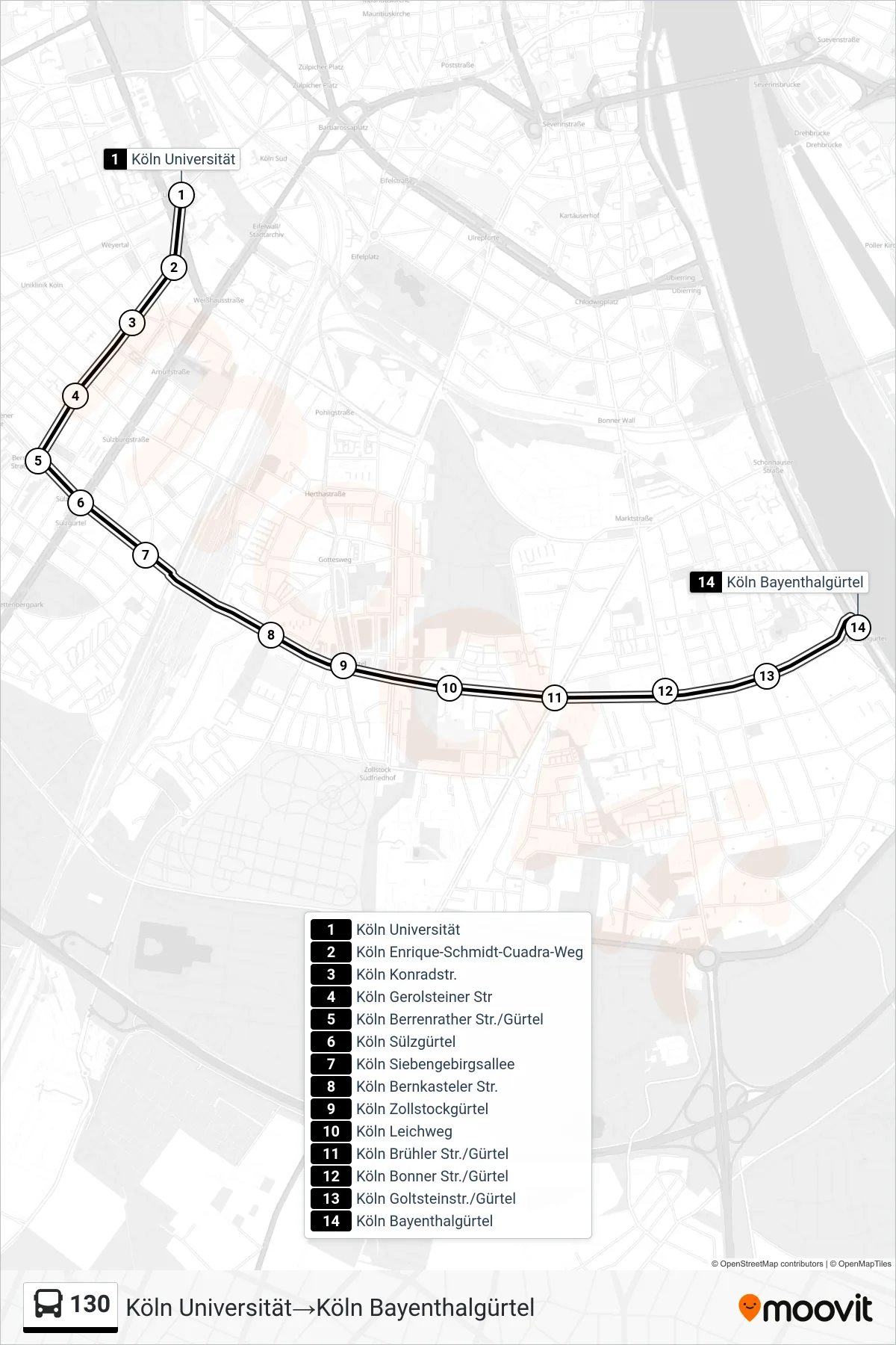 Linie 130 (Bus) Richtung Köln Universität‎→Köln Bayenthalgürtel: Route und Haltestellen auf der Karte