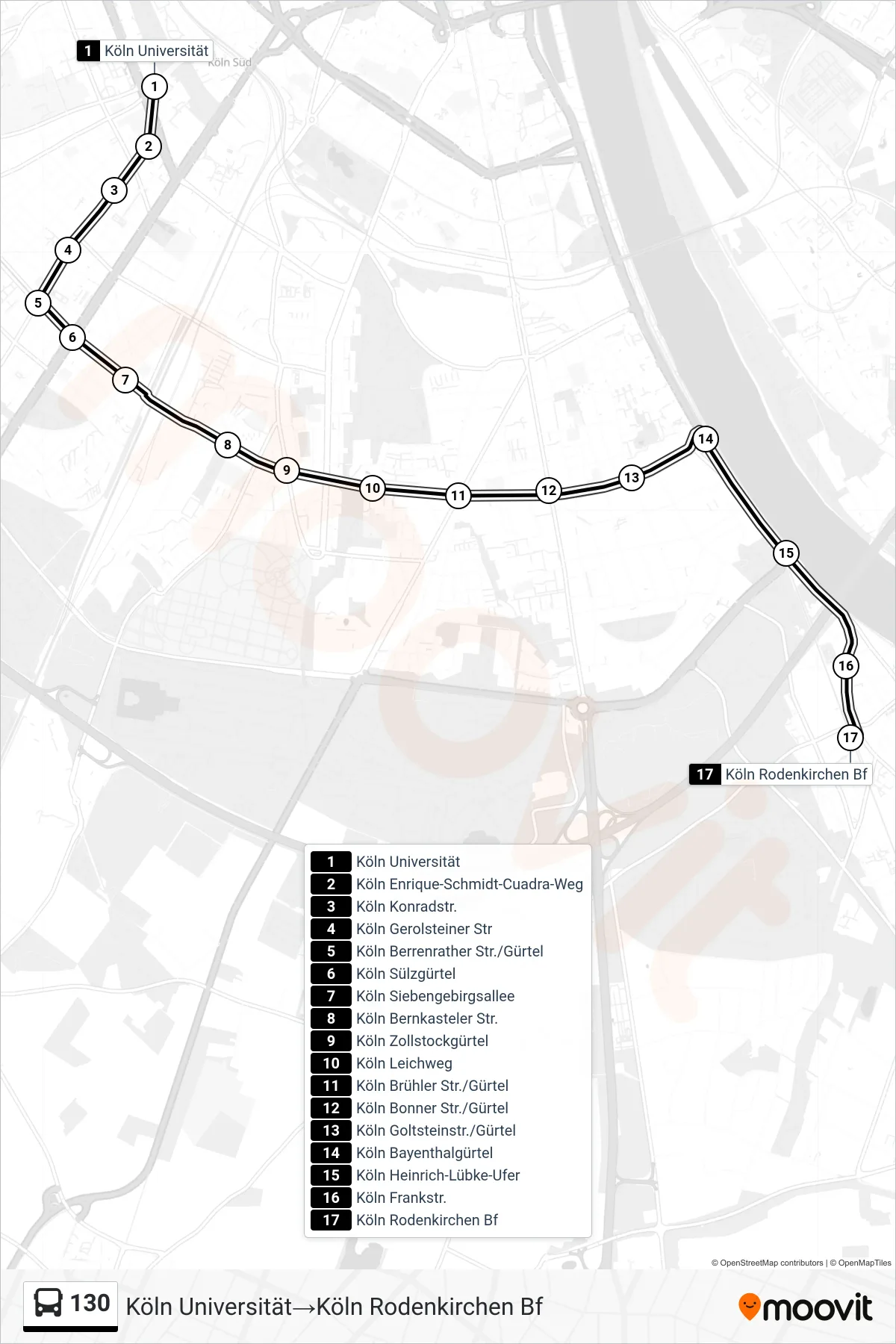 Linie 130 (Bus) Richtung Köln Universität‎→Köln Rodenkirchen Bf: Route und Haltestellen auf der Karte