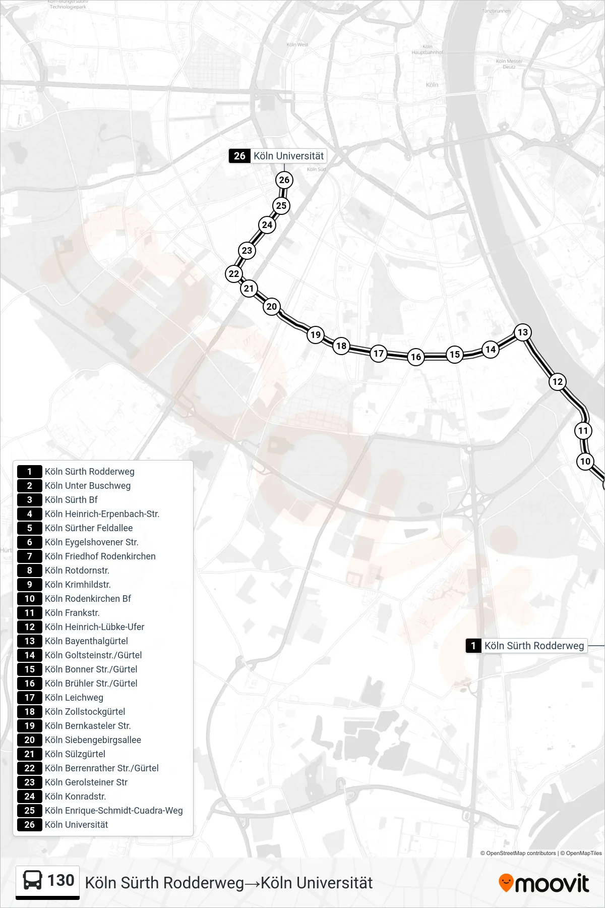 Linie 130 (Bus) Richtung Köln Sürth Rodderweg‎→Köln Universität: Route und Haltestellen auf der Karte