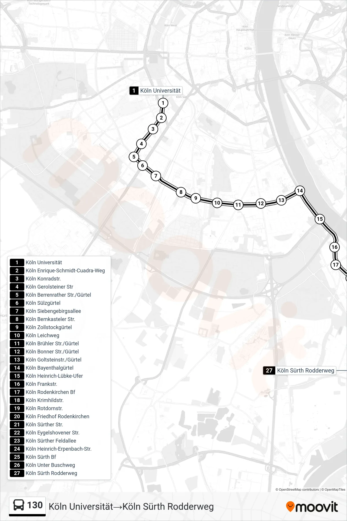 Linie 130 (Bus) Richtung Köln Universität‎→Köln Sürth Rodderweg: Route und Haltestellen auf der Karte