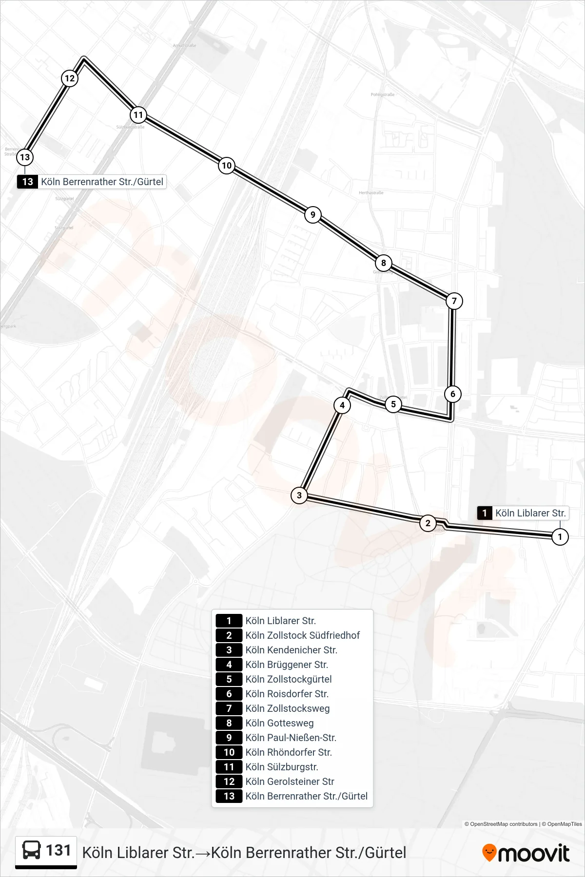 Linie 131 (Bus) Richtung Köln Liblarer Str.→Köln Berrenrather Str./Gürtel: Route und Haltestellen auf der Karte