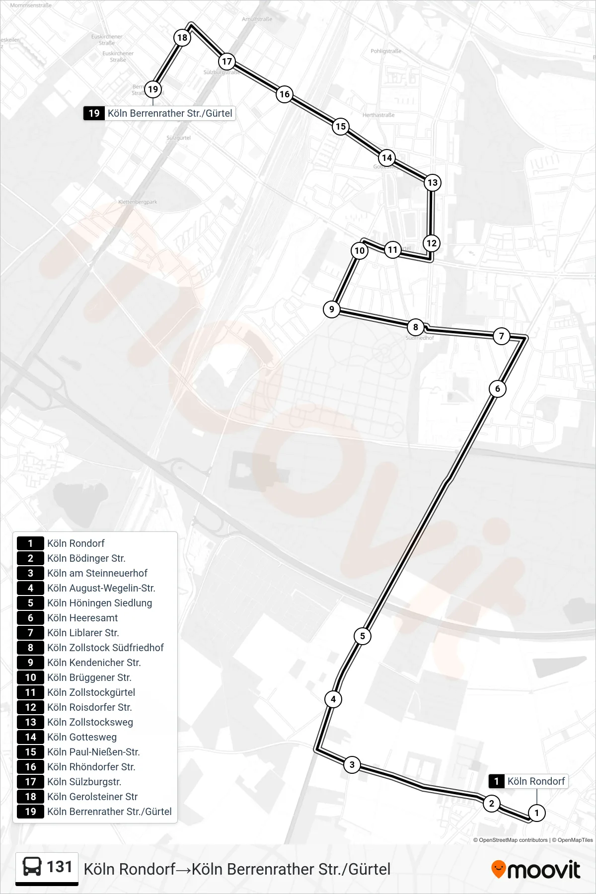 131 bus Line (Köln Rondorf→Köln Berrenrather Str./Gürtel) route and stops on a map