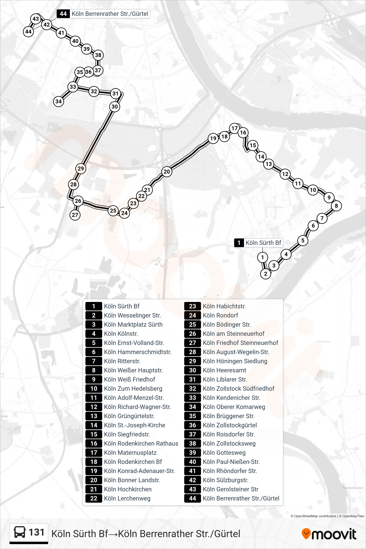 131 bus Line (Köln Sürth Bf→Köln Berrenrather Str./Gürtel) route and stops on a map