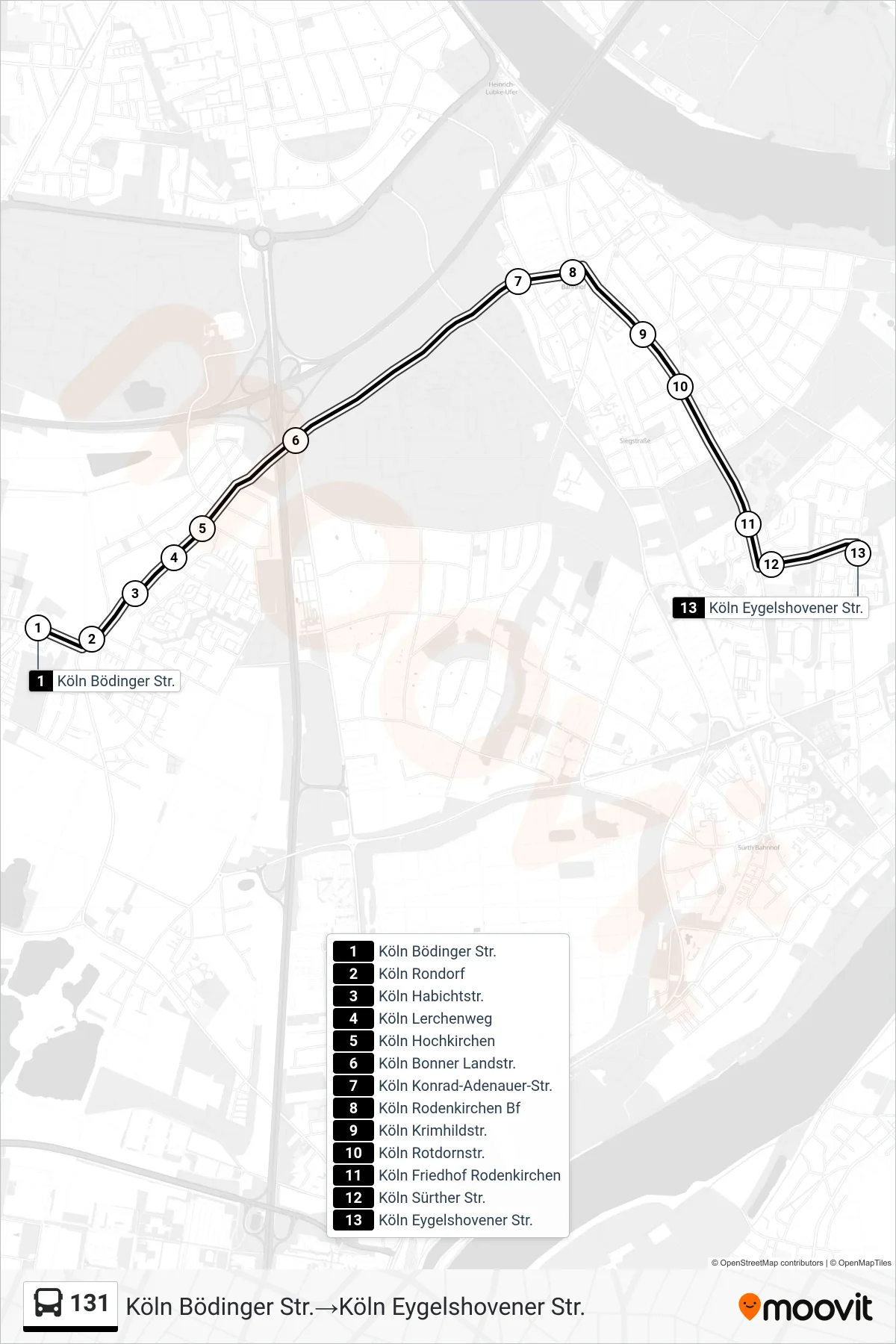 Linie 131 (Bus) Richtung Köln Bödinger Str.→Köln Eygelshovener Str.: Route und Haltestellen auf der Karte