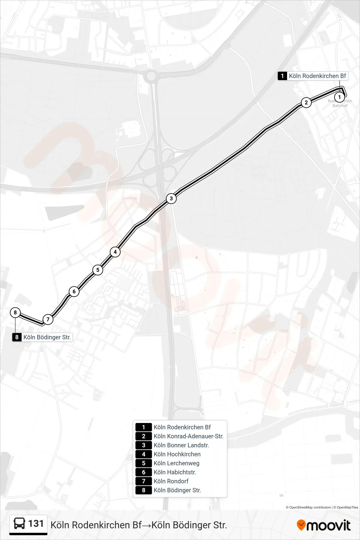 Linie 131 (Bus) Richtung Köln Rodenkirchen Bf→Köln Bödinger Str.: Route und Haltestellen auf der Karte