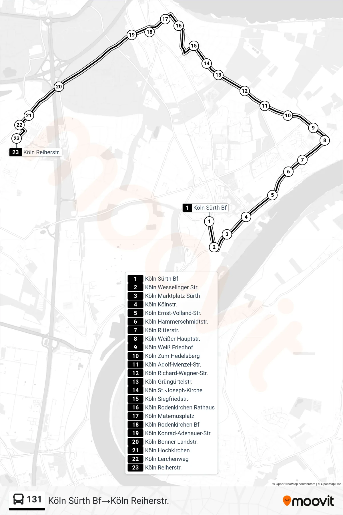 Linie 131 (Bus) Richtung Köln Sürth Bf→Köln Reiherstr.: Route und Haltestellen auf der Karte