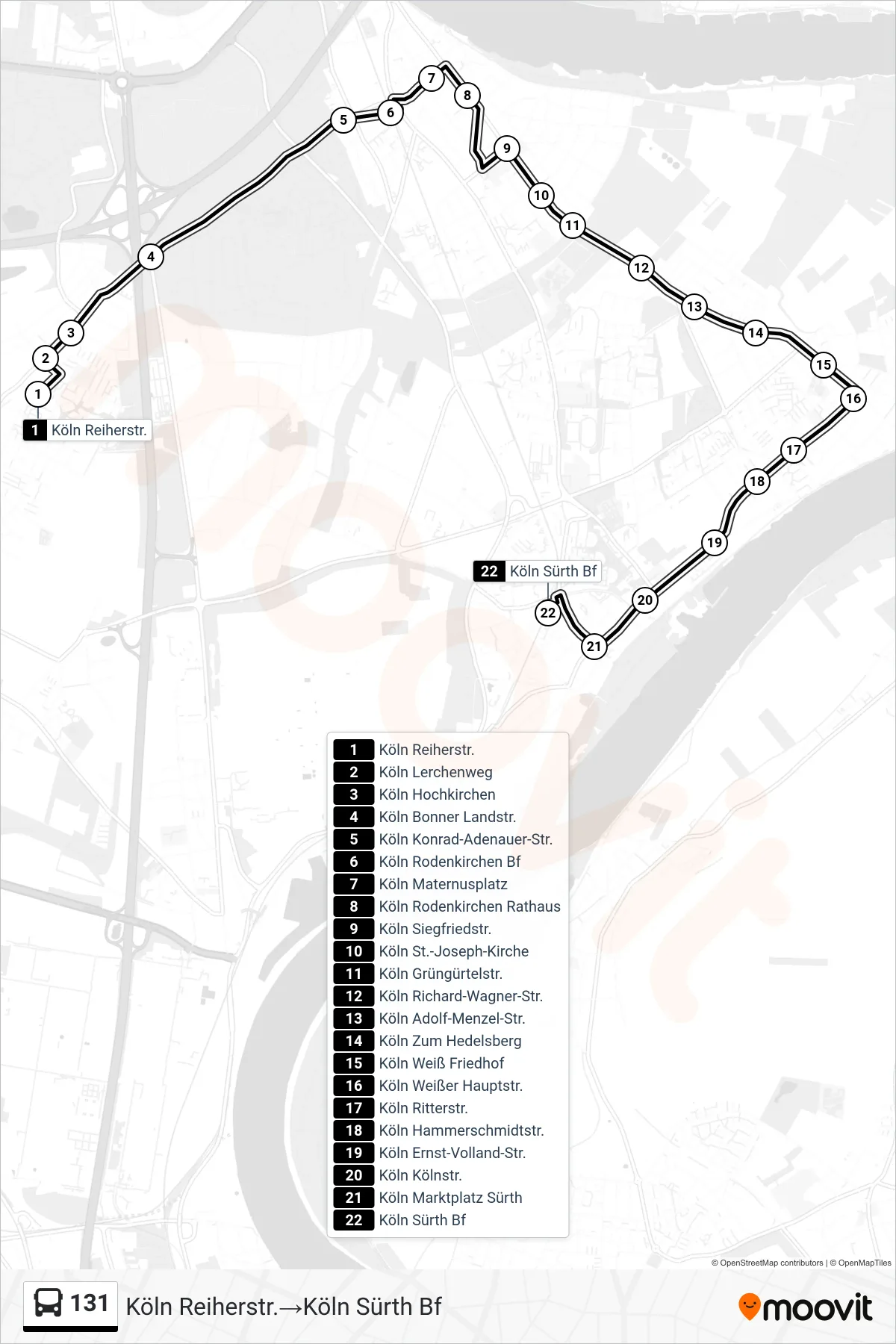 Linie 131 (Bus) Richtung Köln Reiherstr.‎→Köln Sürth Bf: Route und Haltestellen auf der Karte