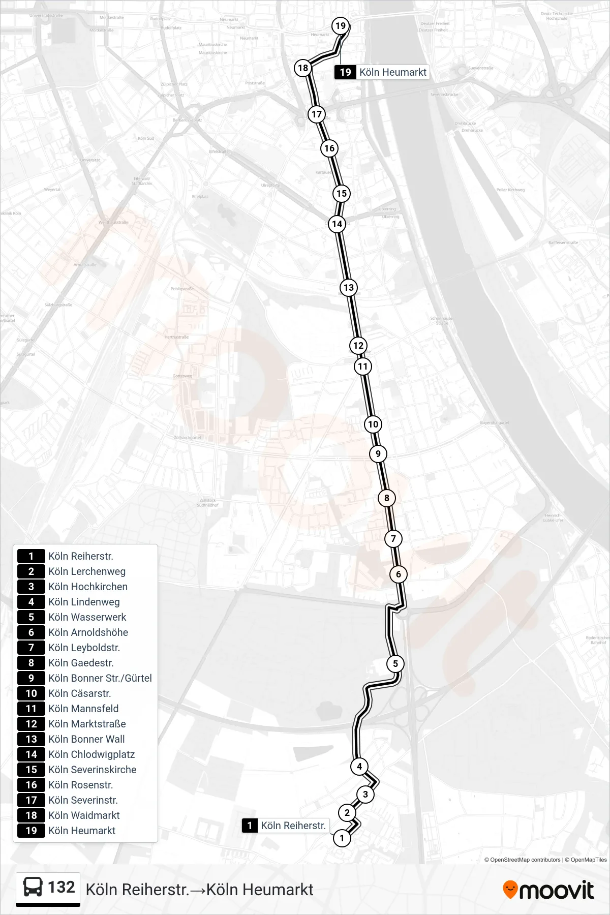 132 bus Line (Köln Reiherstr.→Köln Heumarkt) route and stops on a map